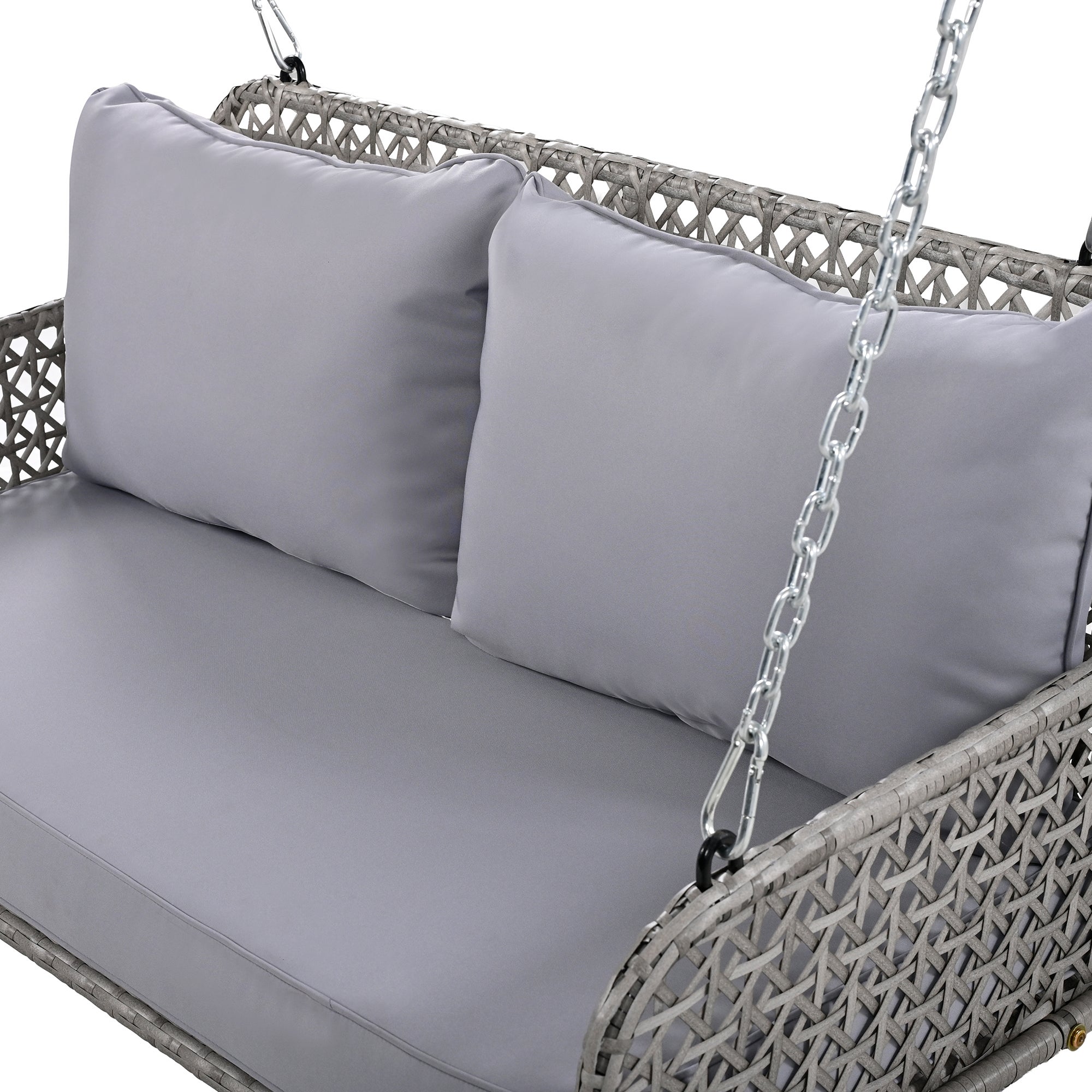 Balancelle de jardin 2 places en rotin PE, Balançoire de jardin - avec coussins et 2 chaînes - 112 x 54 x 48 cm - Gris - 9