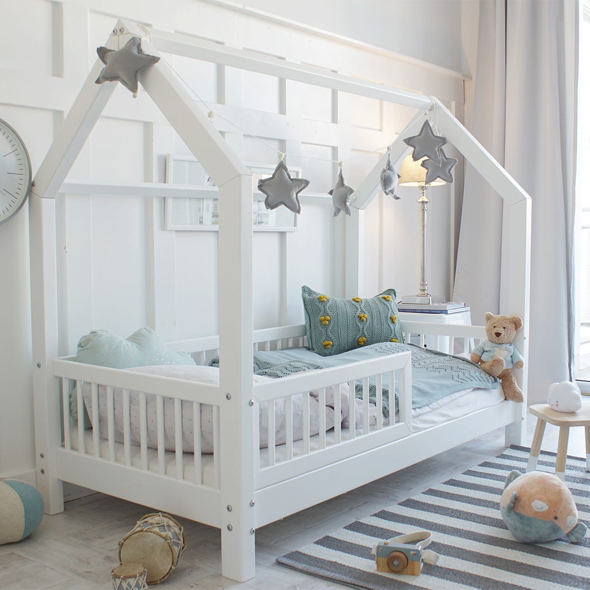 Letto Capanna Per Bambini Nereé 80x160 Cm - Bianco, Con Rete E Barriere Laterali - Foto 8