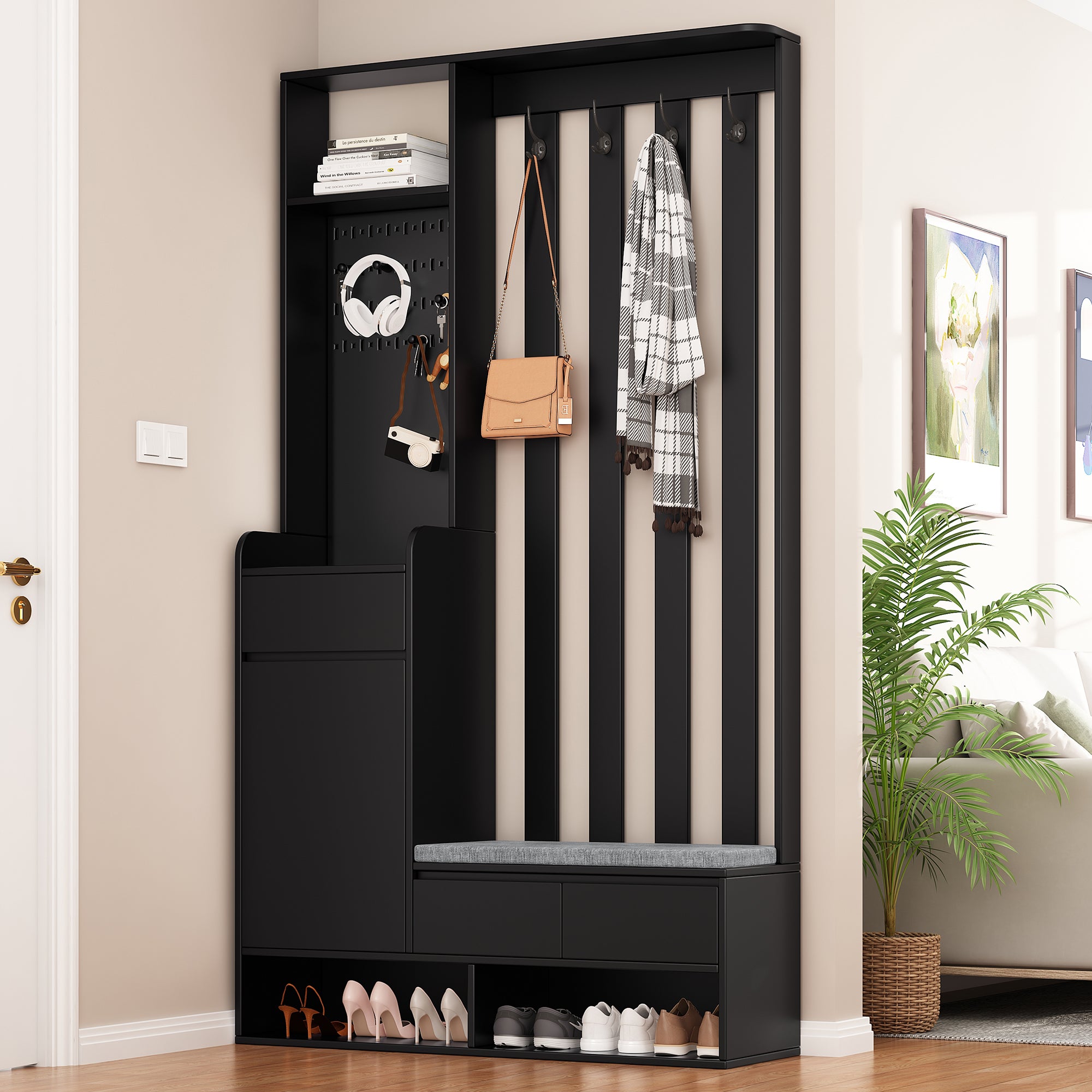 Szafka z 3 szufladami, 1 drzwiami i ławką na buty - 100 x 35 x 180 cm - MDF - Czarna
