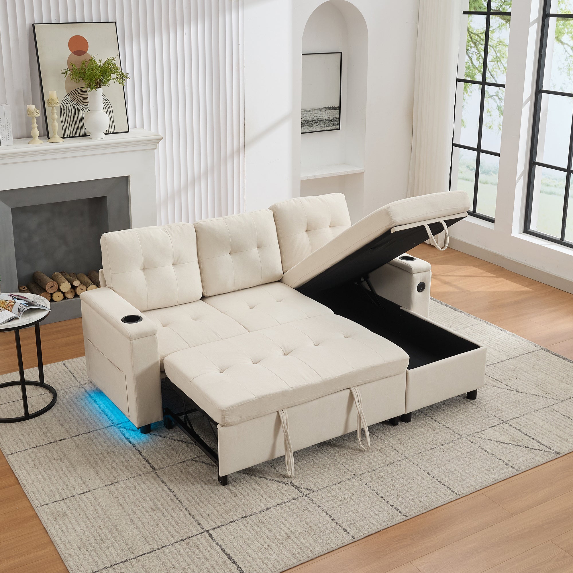Sofa narożna 3-osobowa z funkcją spania - 208 x 146 x 89,5 cm - Diody LED i gniazdo ładowania - Wyściółka z włókniny i pianki - Beżowa - 3