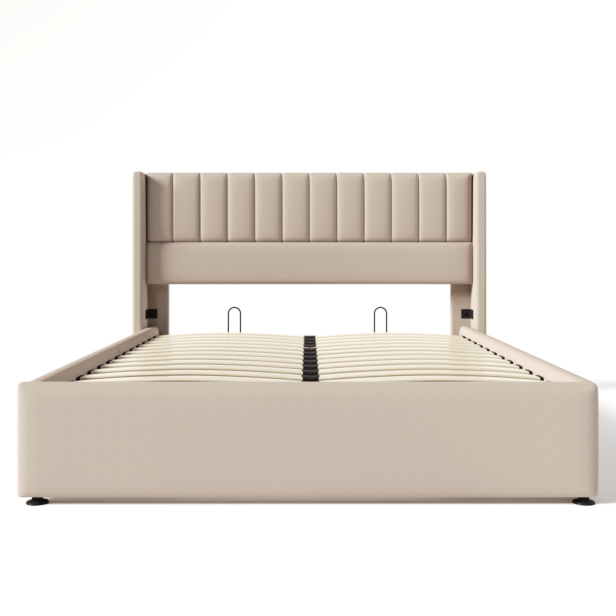 Cama estofada com arrumação 140x200cm em linho com base de ripas - Bege - 3