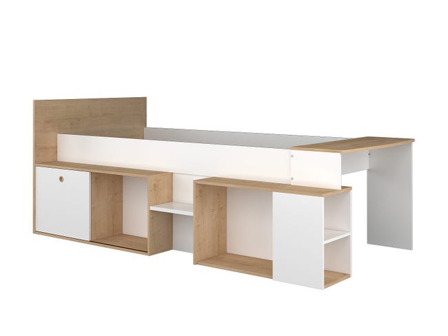 Letto 90 x 190/200 cm con cassetti e ripiani Bianco e Naturale PAULETTE Letto 90 x 190/200 cm con cassetti e ripiani Bianco e Naturale PAULETTE