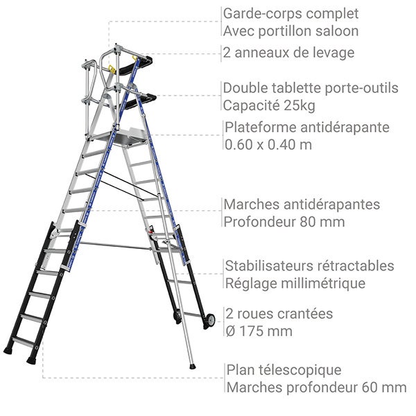 Pirl télescopique de 8 à 11 marches - Hauteur max. de travail 4.50m - 2272963 - 3