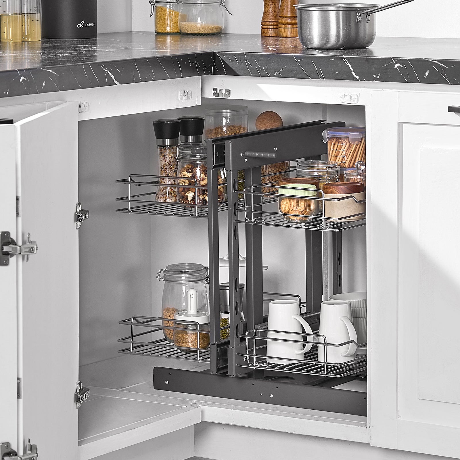 Organizador Deslizante Canto VEVOR 380 cm Largura,Armazenamento Cozinha 2 Níveis,4 Prateleiras,Cesto Aço Cromado,60,5x45,5 cm - 8