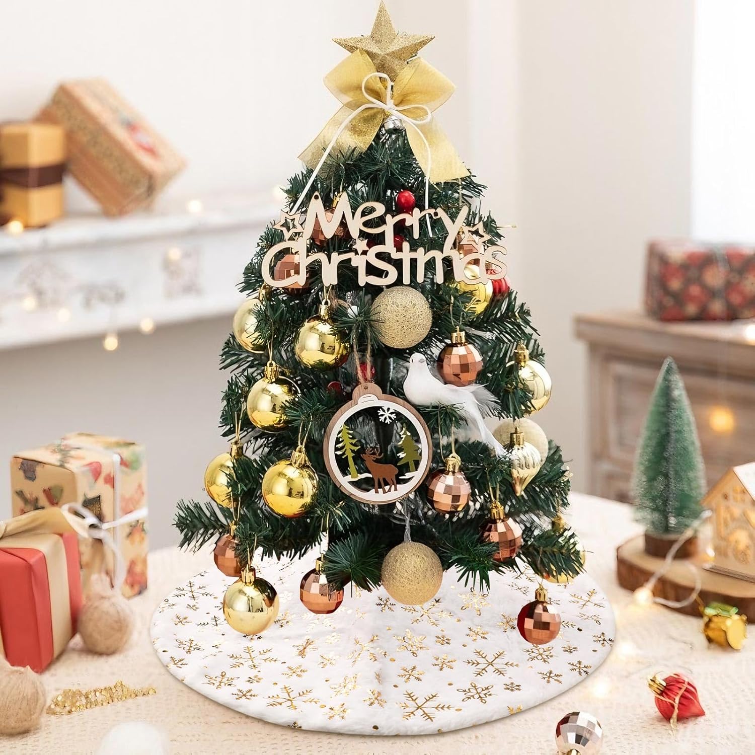 Saia para árvore de Natal, base para árvore de Natal, tapete para árvore de Natal, lantejoulas douradas em forma de floco de neve (branco, 78 cm) - 5