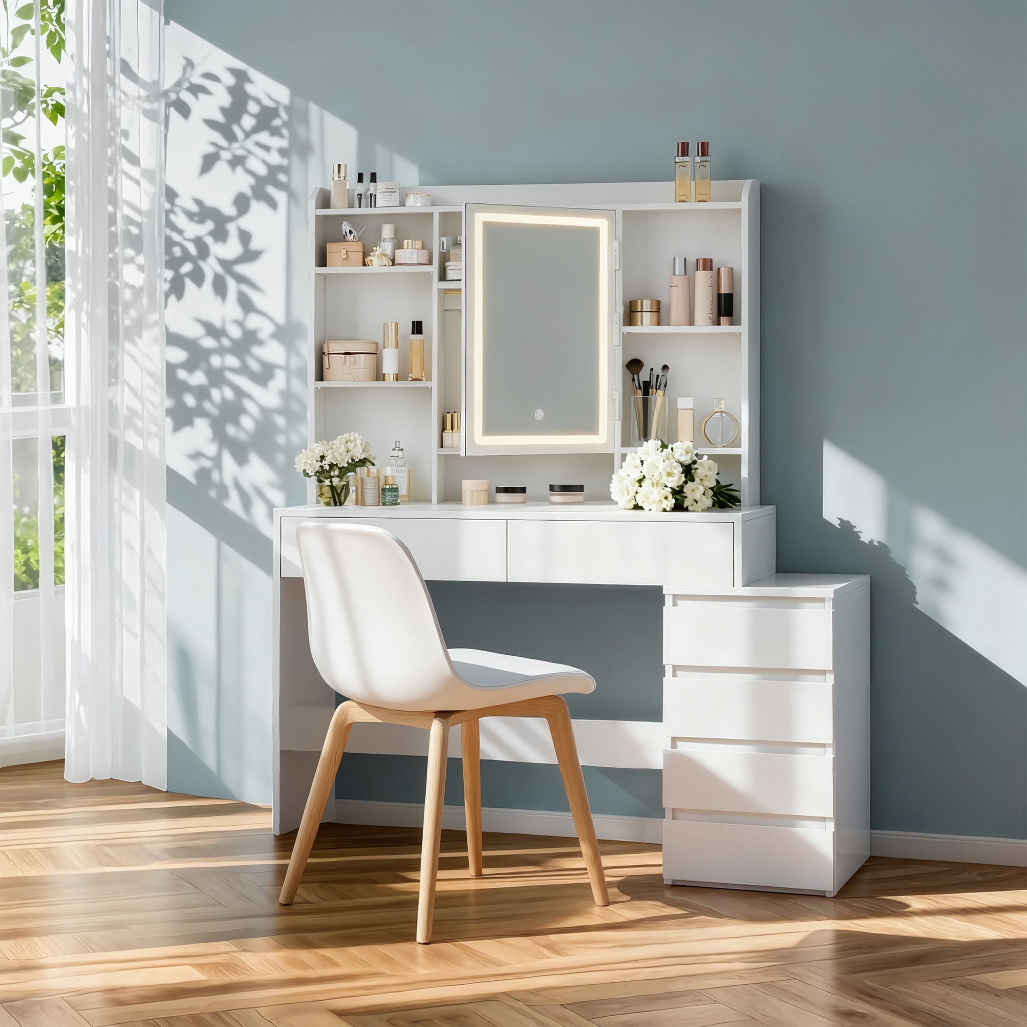 Coiffeuse, avec Grand Miroir LED à Luminosité Réglable, 40 x 118,3 x 145 cm, Blanc - 3
