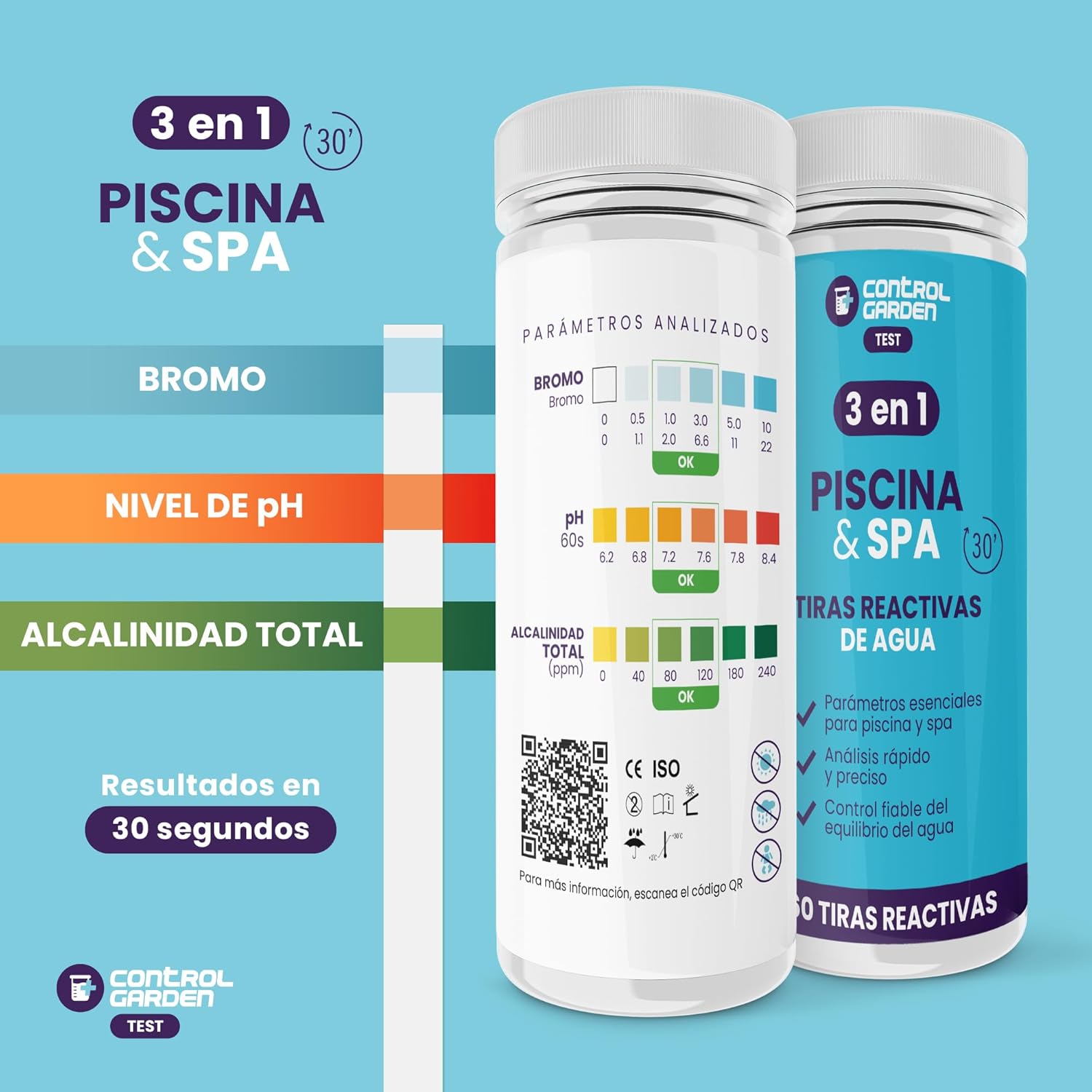 Test Piscine 3 en 1 Bandelettes Réactives pH CONTROL GARDEN | Analyse Eau Piscine et Spa - 2