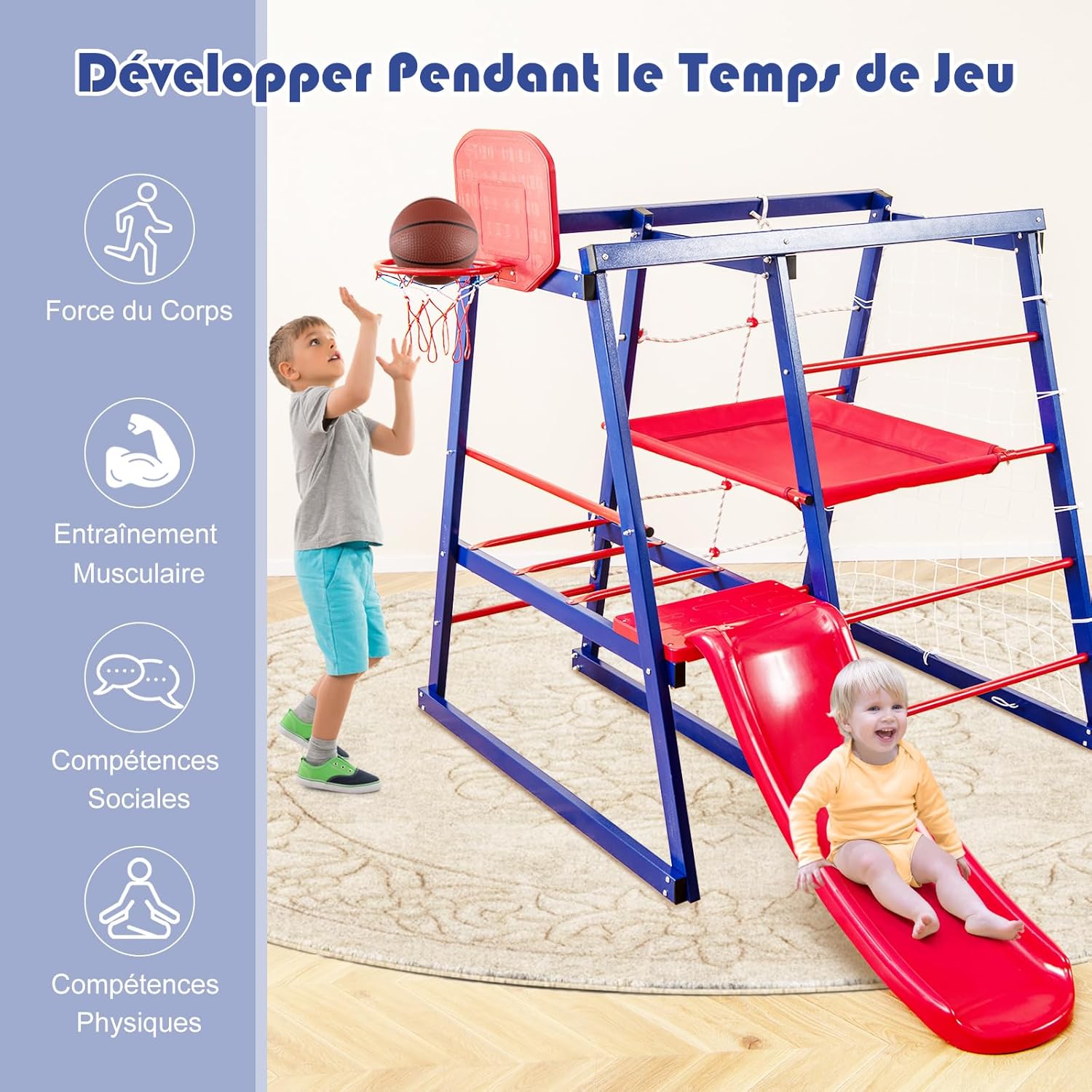 7 en 1 Aire de Jeux d’Escalade Enfant avec Toboggan & Panier de Basketball, Jouet d’Escalade Montessori avec 2 Plateforme - 4