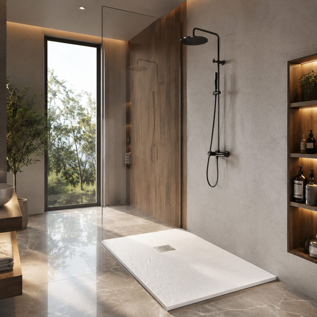 Plato de ducha 70x170 cm de resina antideslizante | Carga mineral, textura piedra, blanco | Incluye válvula y rejilla – Eclíptica Home