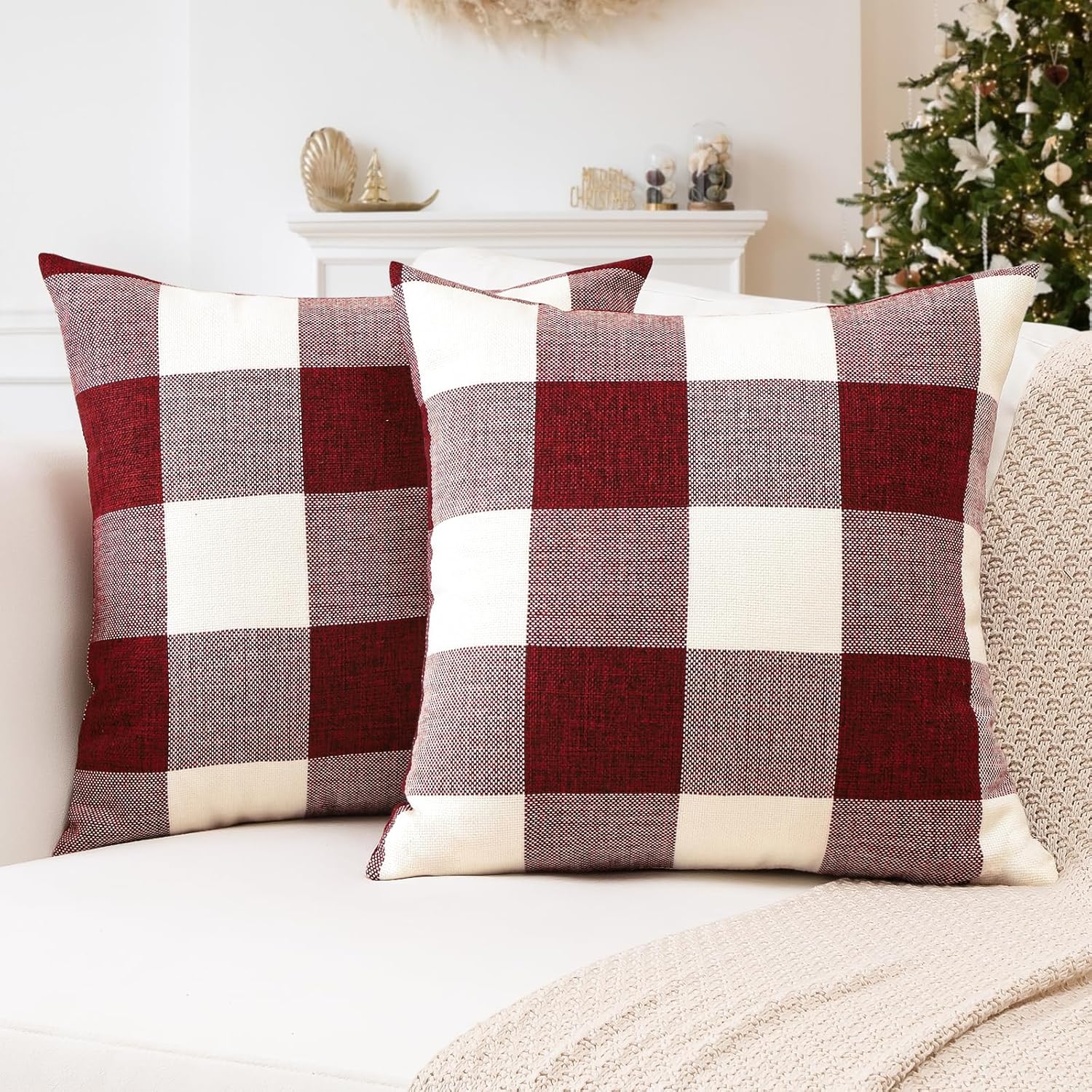 Set di 2 federe per cuscini natalizi classici a quadri da 50x50 cm, federe decorative in stile country per divano, soggiorno e letto (rosso) - 3