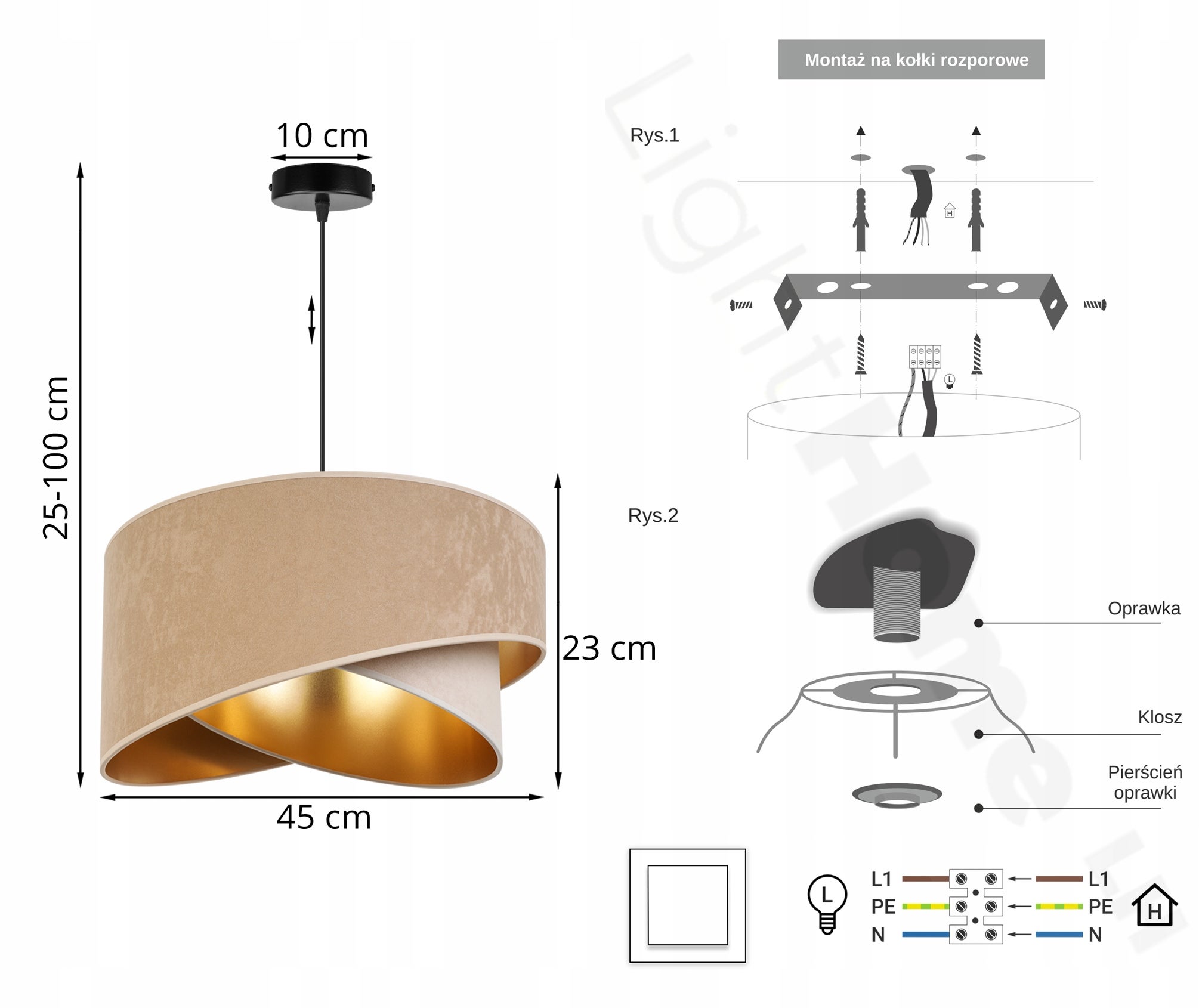 Lampa sufitowa wisząca elegance welur 1xE27 klosz niesymetryczny złoto/beżowy Light Home LH - 7