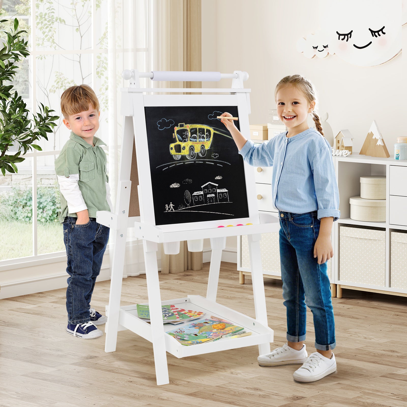 Chevalet Pliable pour Enfants, Double Face avec Tableau Noir et Tableau Blanc Magnétique, Rouleau de Papier Remplaçable, 3 Gobelets, Blanc - 8