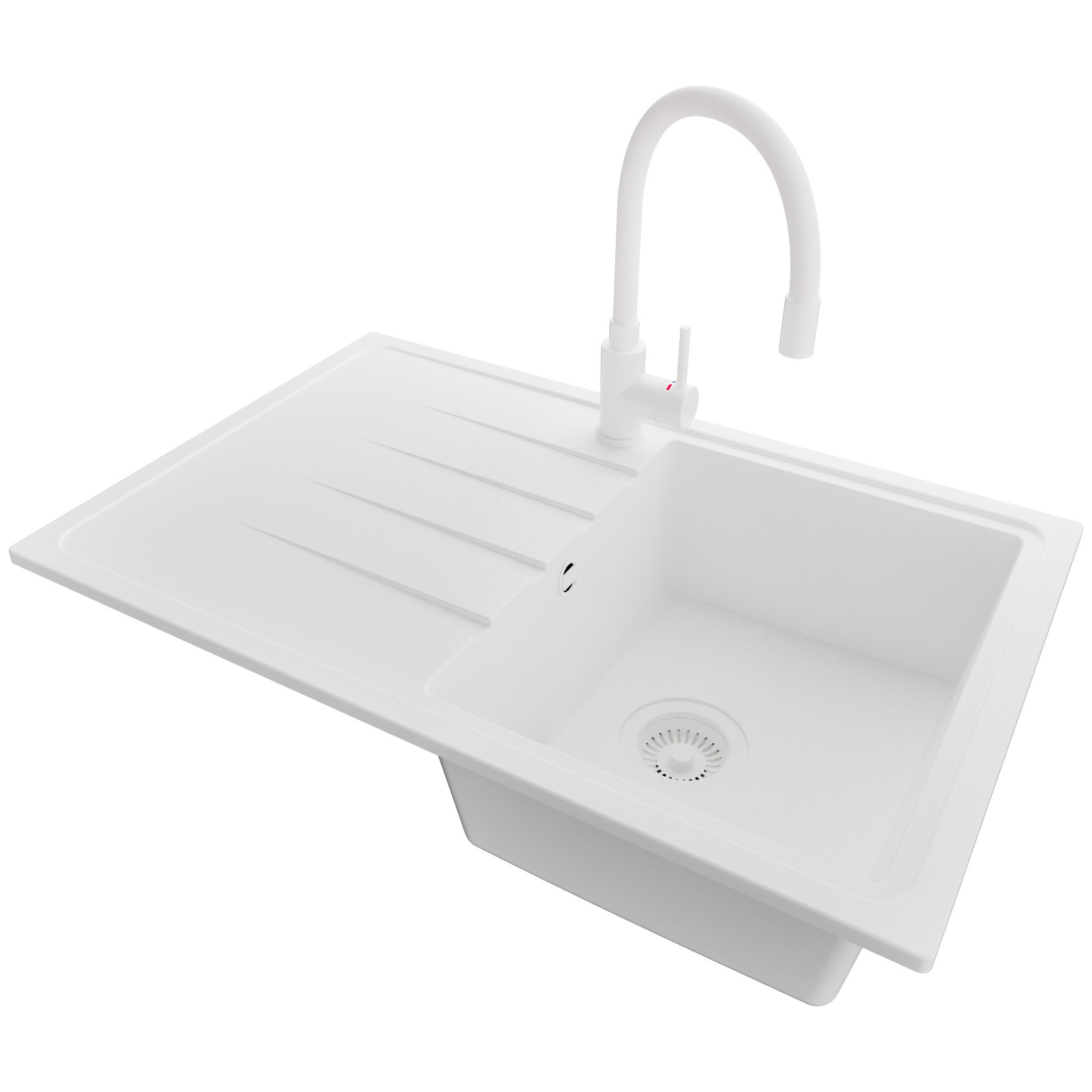 Zlewozmywak Granitowy Cały Biały 78x50cm, Zlew Kuchenny 1 Komorowy + Bateria 38x14cm + Syfon, Nablatowy do szafki od 45cm - Mediolan PRIMAGRAN