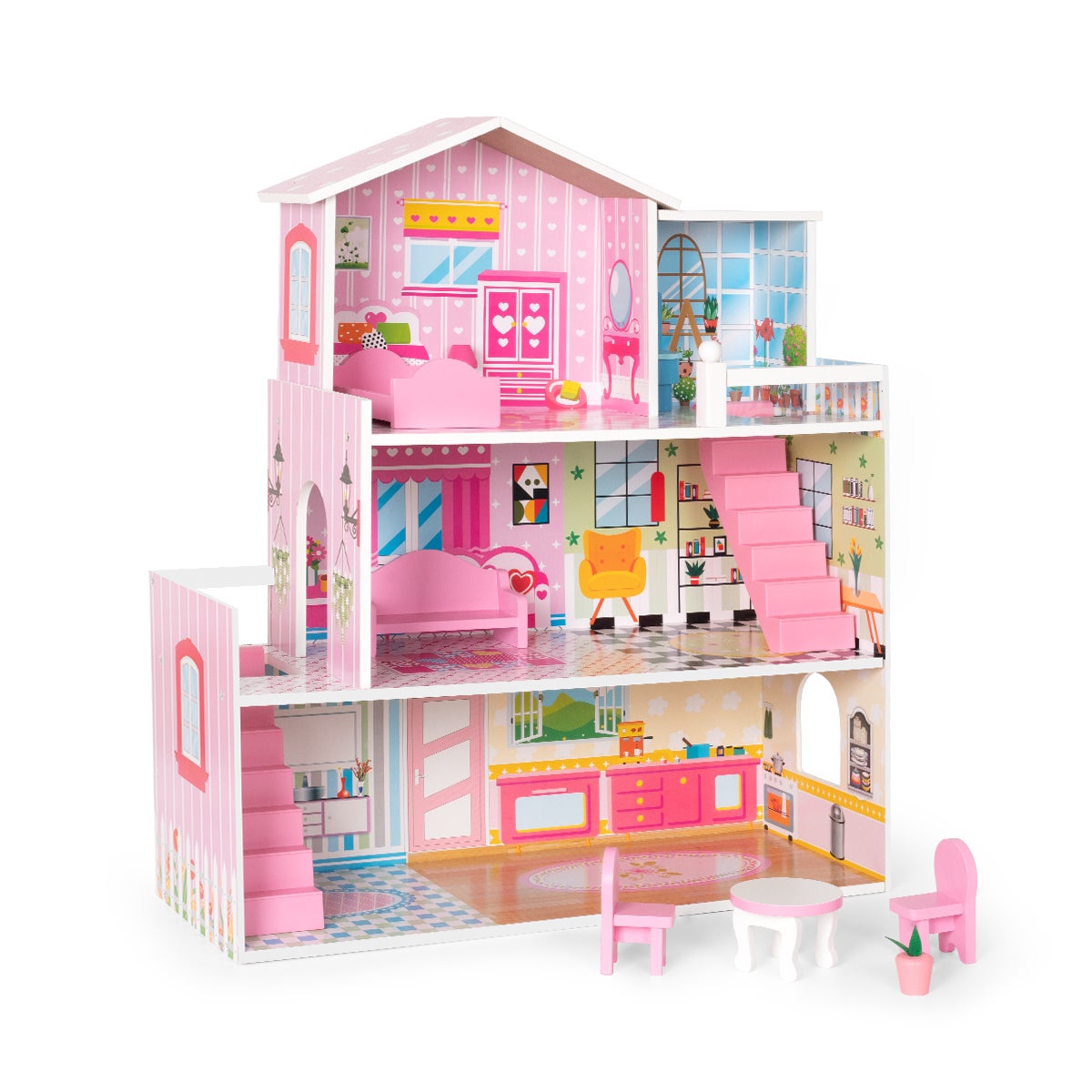 TOP BRIGHT – Maison De Poupée En Bois 3 Niveaux – 15 Meubles, Ascenseur – Durable – Cadeau Pour Filles Dès 3 Ans