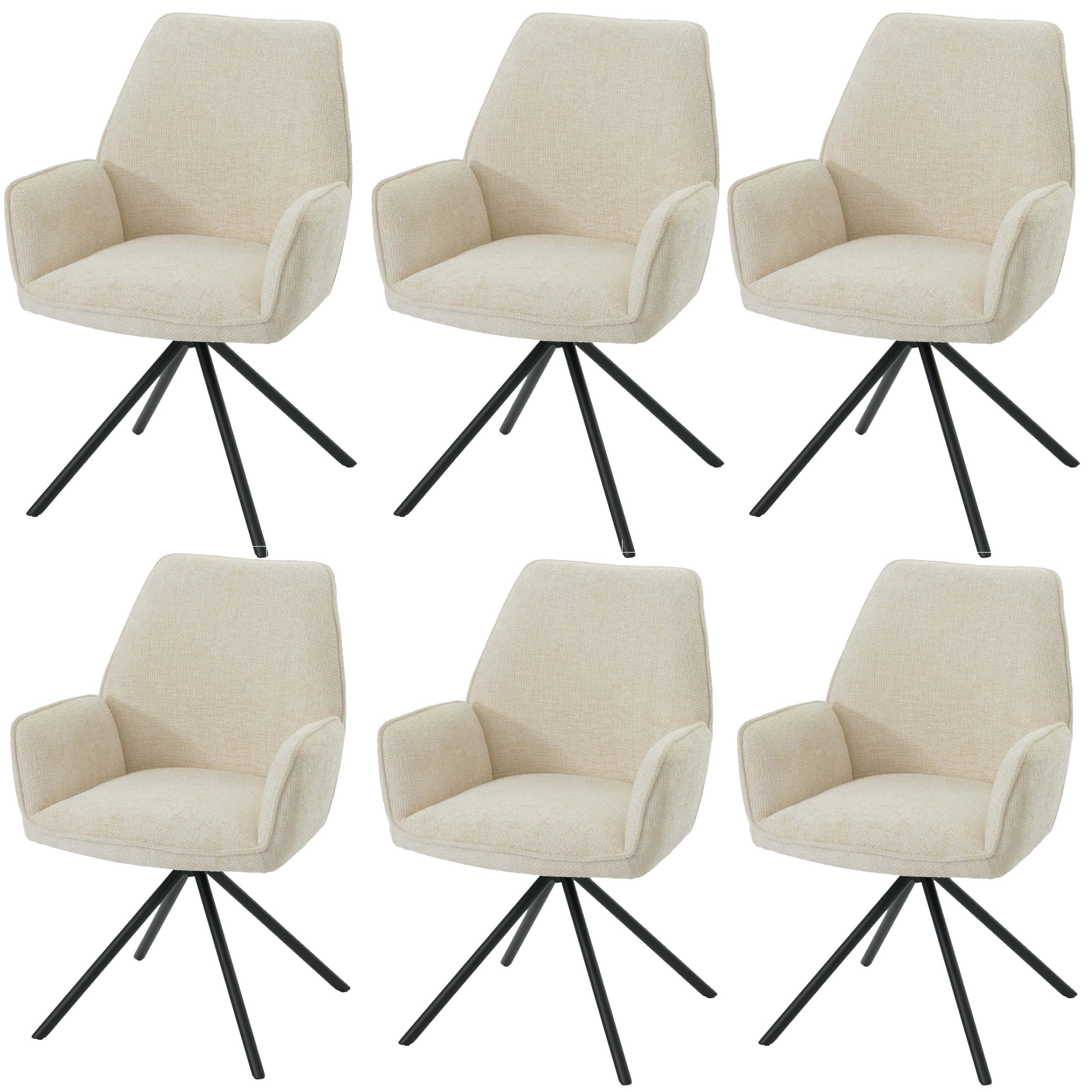 Zestaw 6 krzeseł do jadalni HWC-G67, krzesło kuchenne Krzesło z podłokietnikiem, pozycja obrotowa automatyczna, szenil Oeko-Tex MVG ~ kremowy