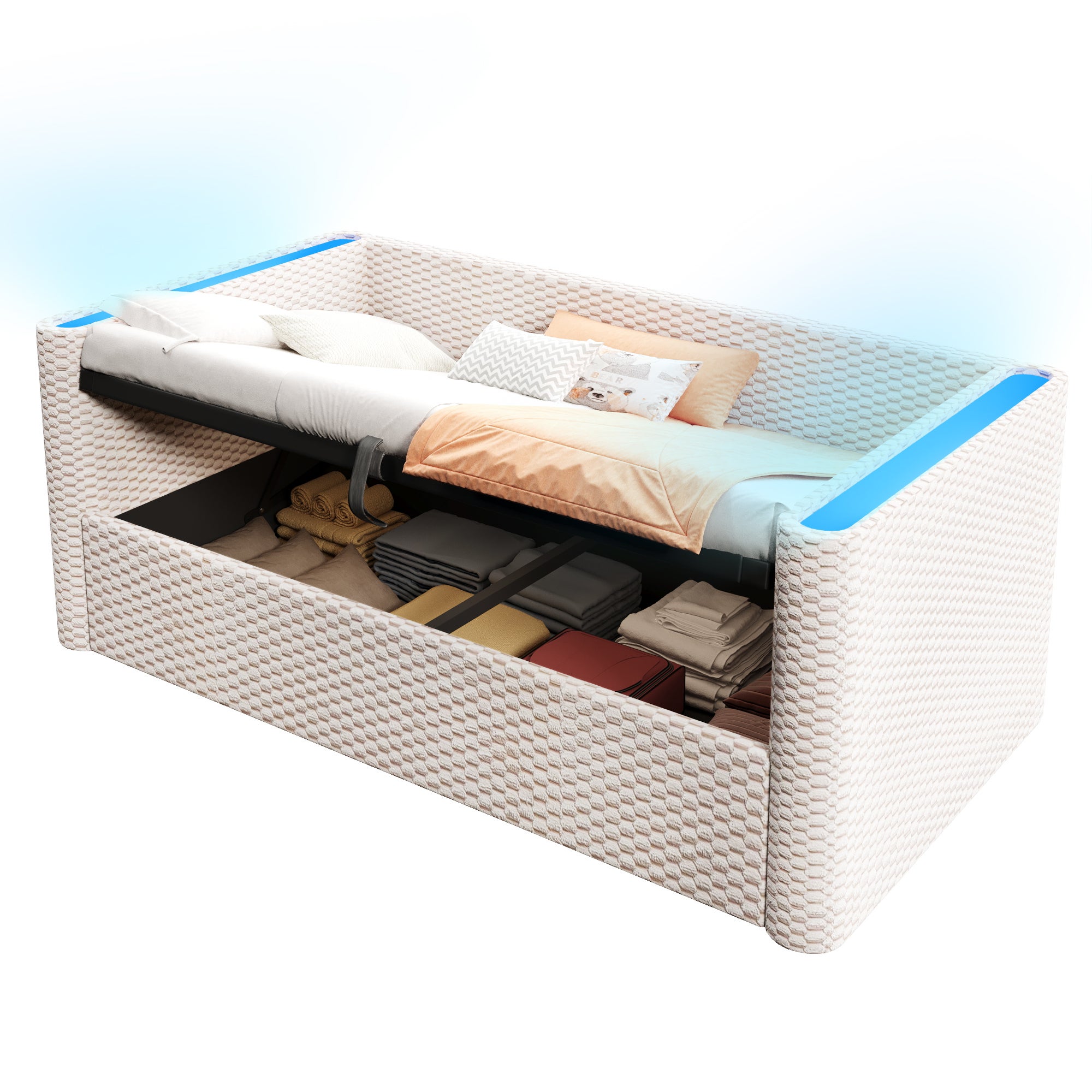 Rozkładana sofa z pojemnikiem 90x200 cm - z oświetleniem LED - stelaż lamelowy - welur - beżowy​ (materac nie jest wliczony w cenę) - 7