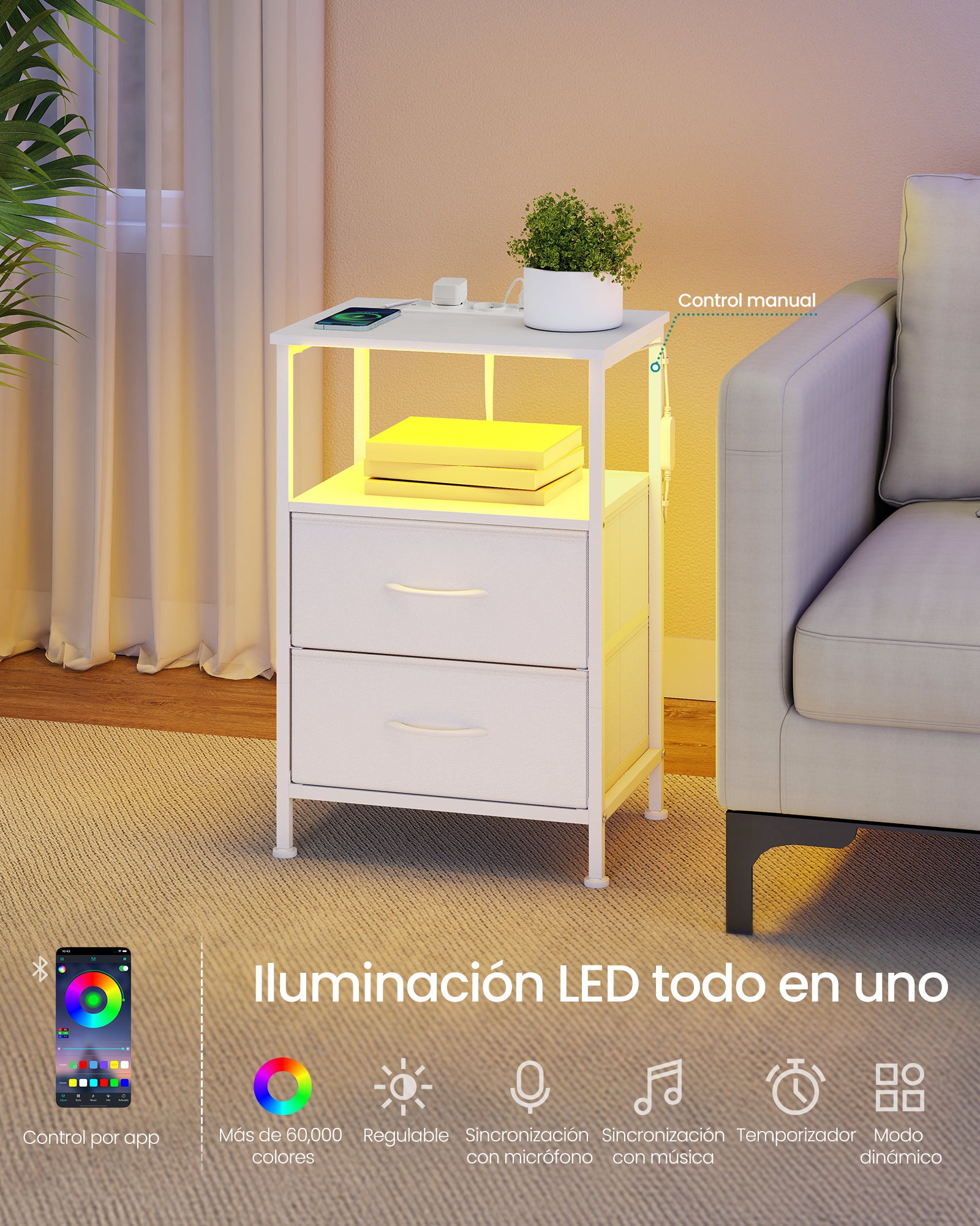 BELLAH–Mesita de Noche con Estación de Carga,Mesa Auxiliar con Luz LED Ajustable Controlada por APP,1 Estante y 2 Cajones,Blanco Nube y Blanco Nieve - 3