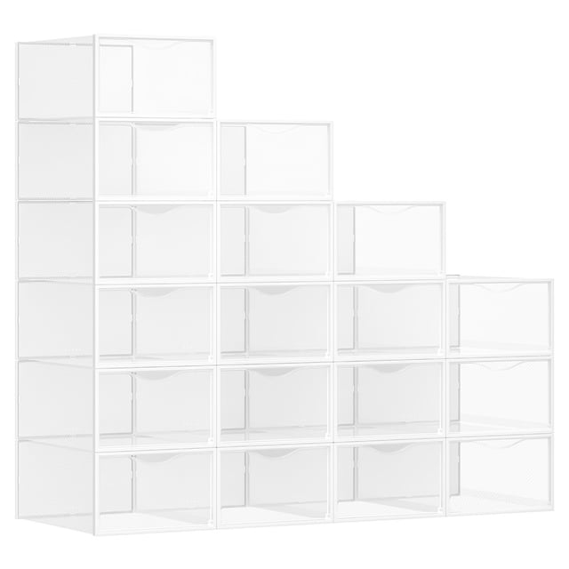 Boîtes à Chaussures, Lot de 18, Transparentes, en Plastique, avec Porte, Empilables, 33,2 x 23 x 14,5 cm, Transparent et Blanc