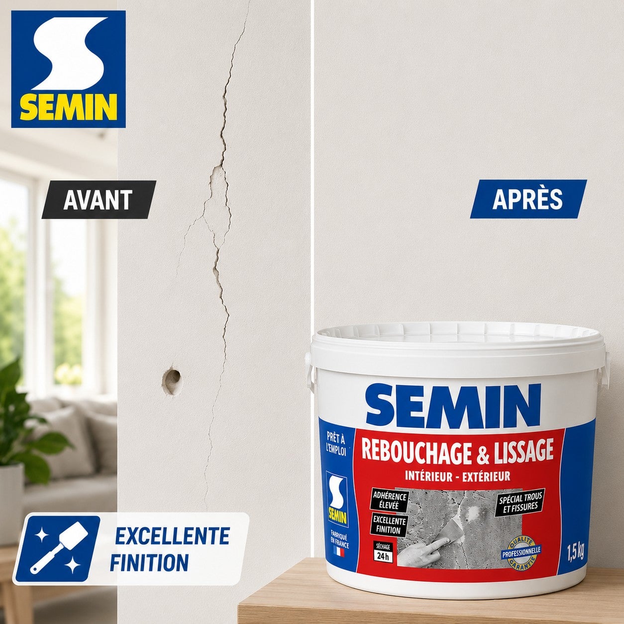 Enduit de rebouchage en pâte spécial fissures et trous de vis Semin - intérieur/extérieur - seau de 1,5 kg - 4