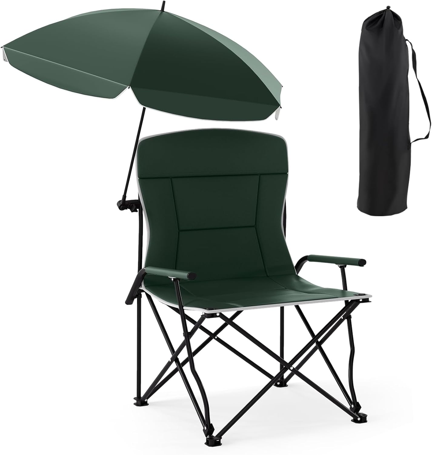 Składane Krzesło Kempingowe z Regulowanym Parasolem, Składane Krzesło Plażowe z Podłokietnikami, Wyściełanym Siedziskiem i Oparciem, Nośność 150 kg