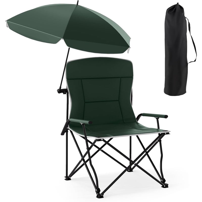 Składane Krzesło Kempingowe z Regulowanym Parasolem, Składane Krzesło Plażowe z Podłokietnikami, Wyściełanym Siedziskiem i Oparciem, Nośność 150 kg