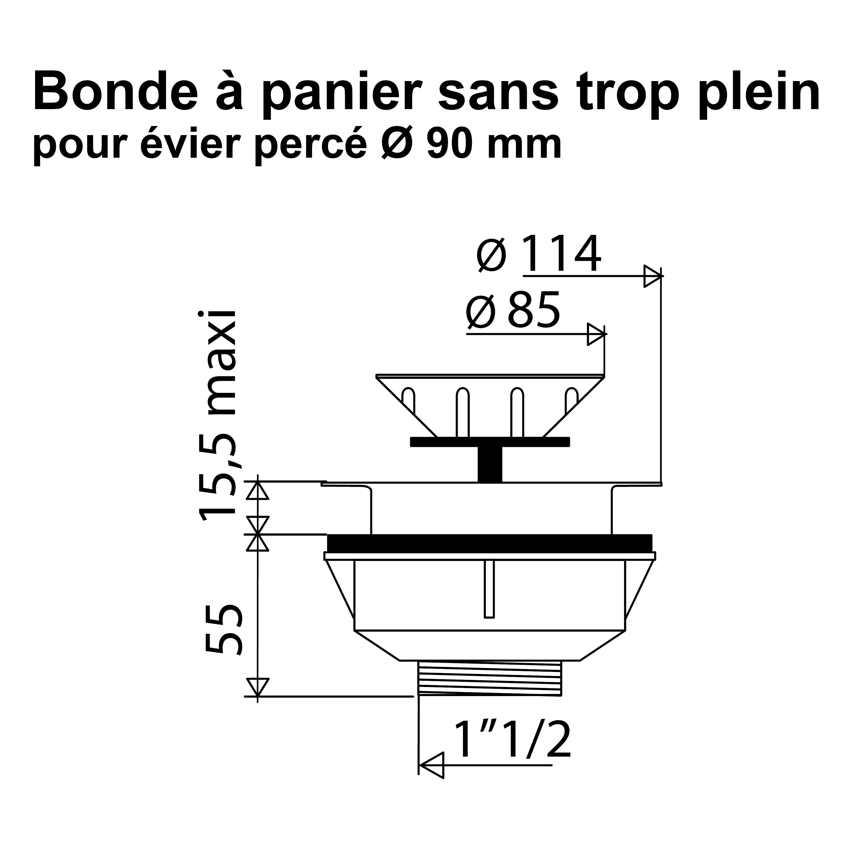 Rousseau - Bonde à panier, pour évier percé - Ø 90 mm - Inox - 3