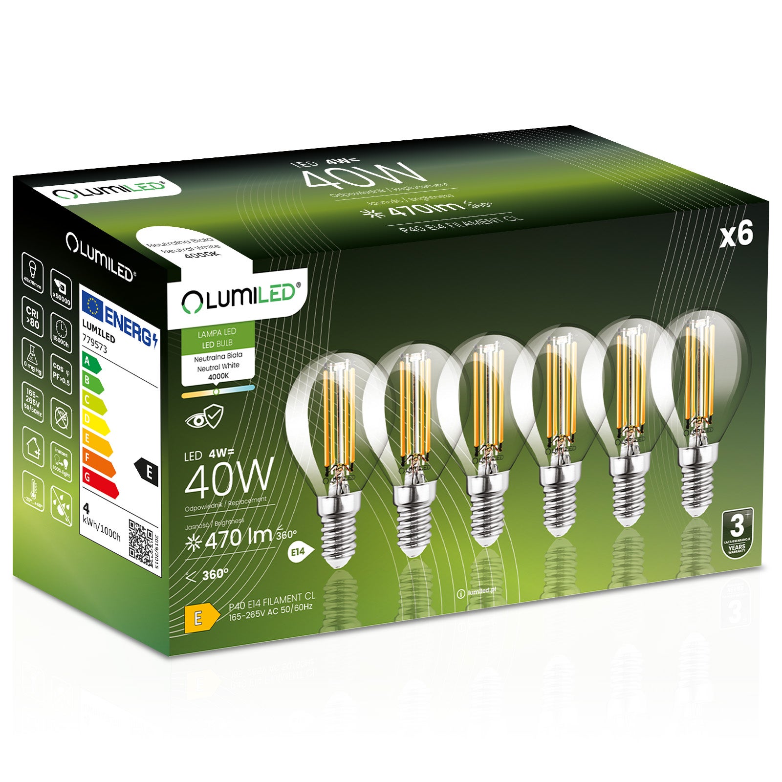 Żarówka LED Lumiled E14 P45 4W 470lm 4000K Neutralna biel 360st Filament 6 szt.