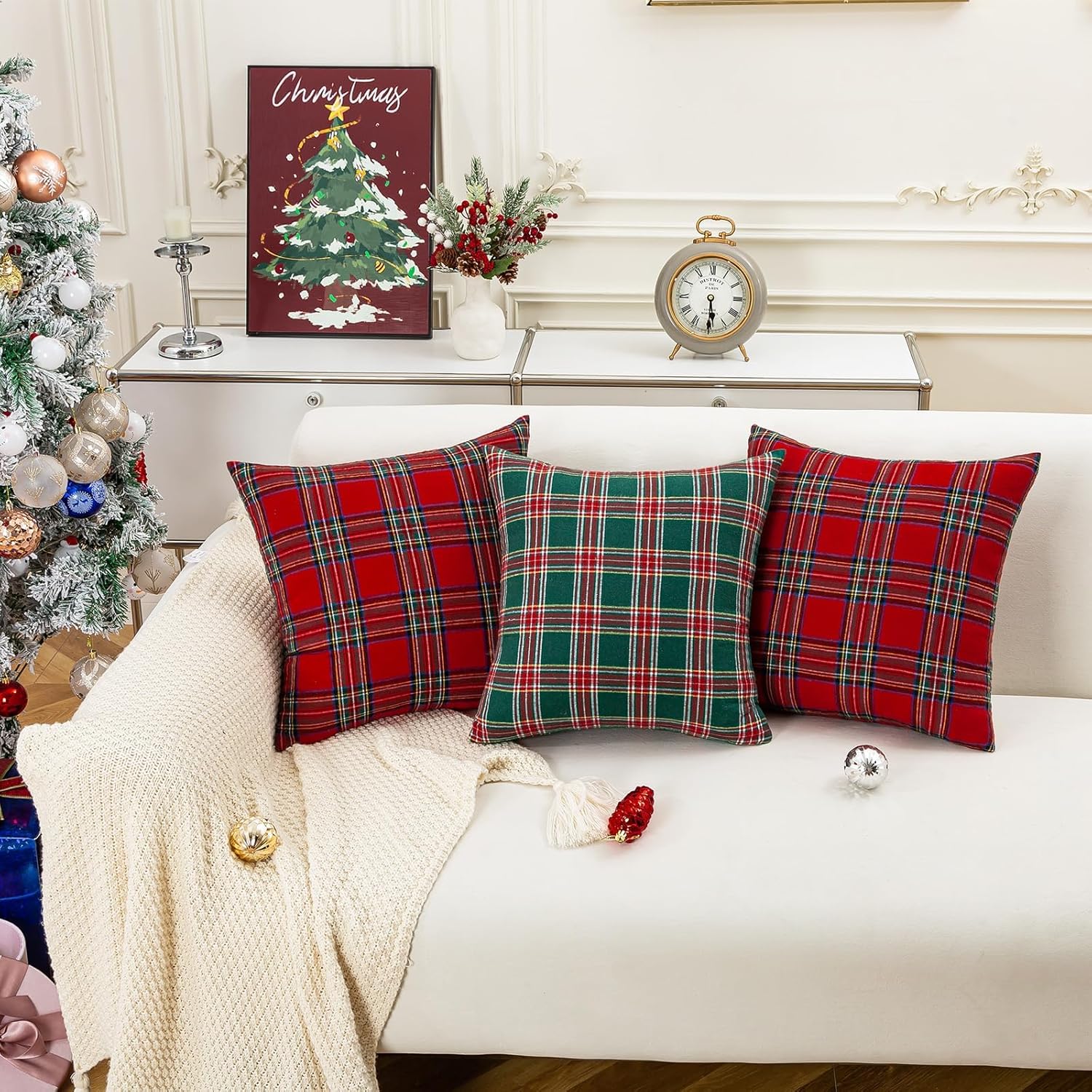 Housse Coussin Noel 45x45 cm Rouge Tartan Ecossais Plaid Taies d'oreiller à Carreaux Housses de Coussin Douces pour Canapé Salon Intérieur Deco Décora - 2