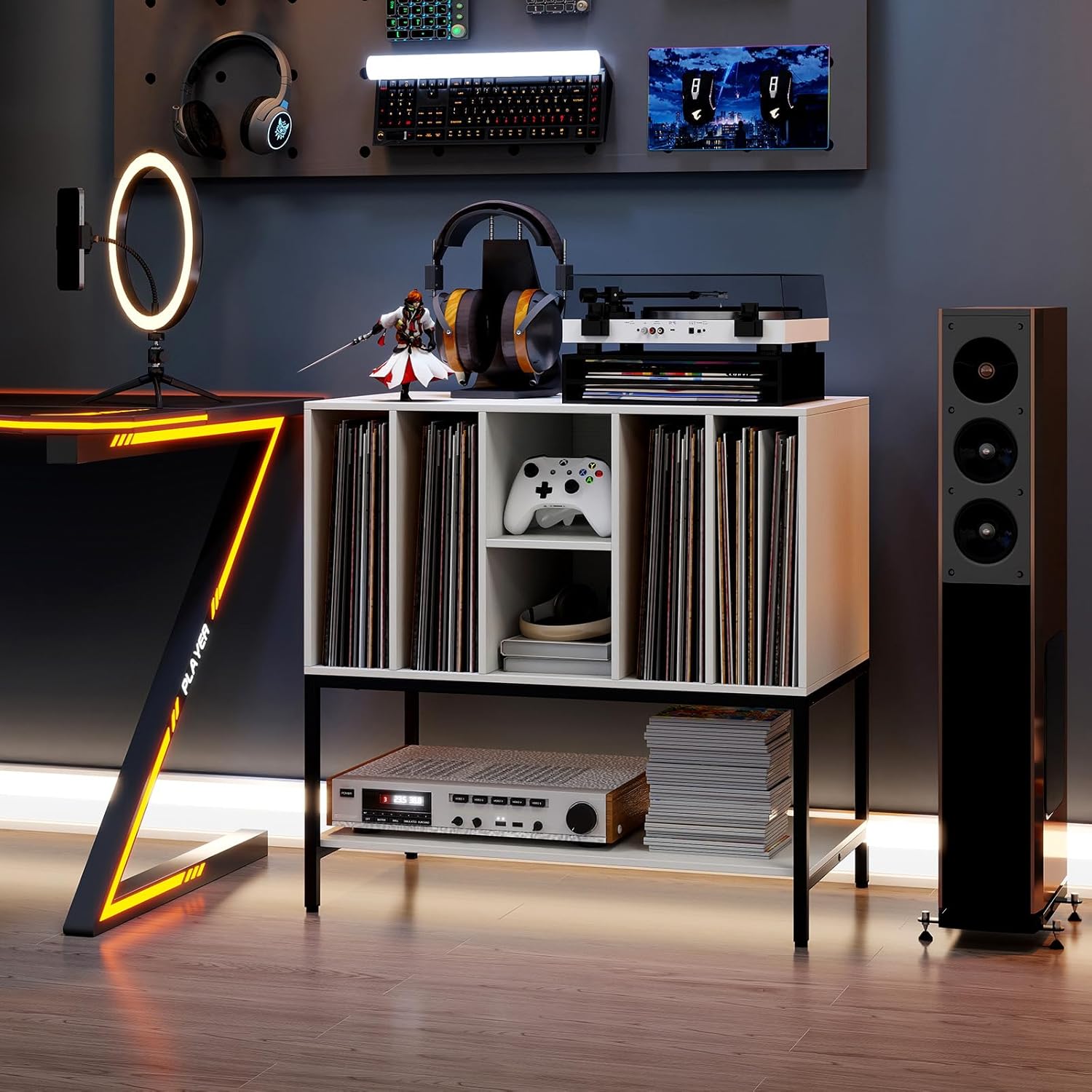 Meuble Platine Vinyle 80 x 45 x 79,5 CM, Table Tourne-Disque avec étagères & Station de Charge, Cadre en Métal, Organisateur de Rangement, Blanc - 6