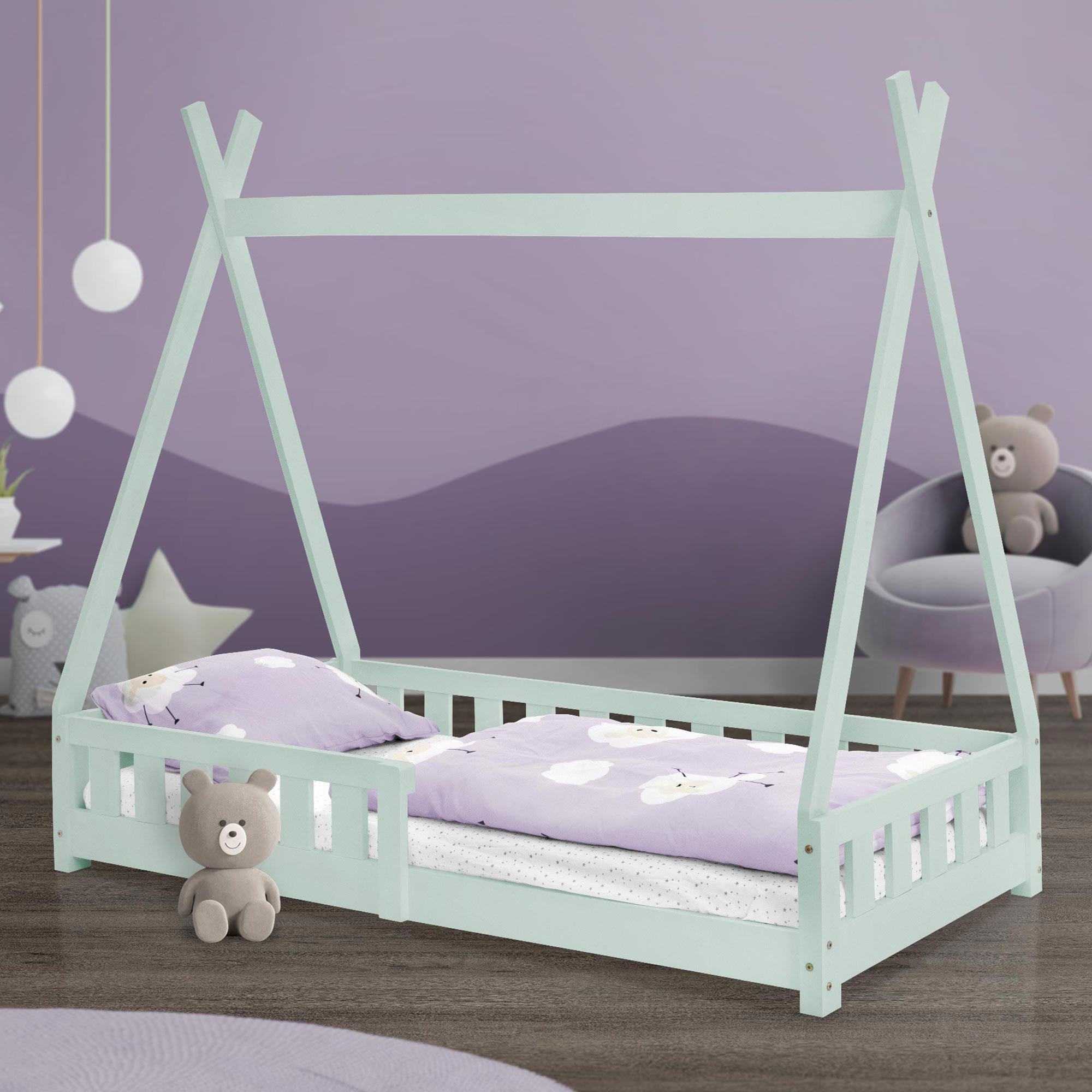 ML-Design łóżko tipi 80x160 cm miętowo-zielone pat indian z barierką i stelażem z listew wykonane z litego drewna sosnowego dla dziewczynek i chłopców