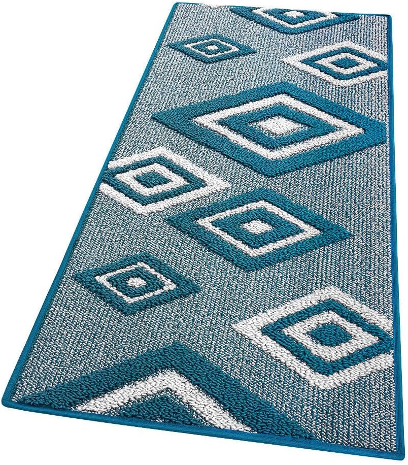 Alfombra de cocina 57x180 cm rombos 3d bordeado suave moderno antideslizante azul