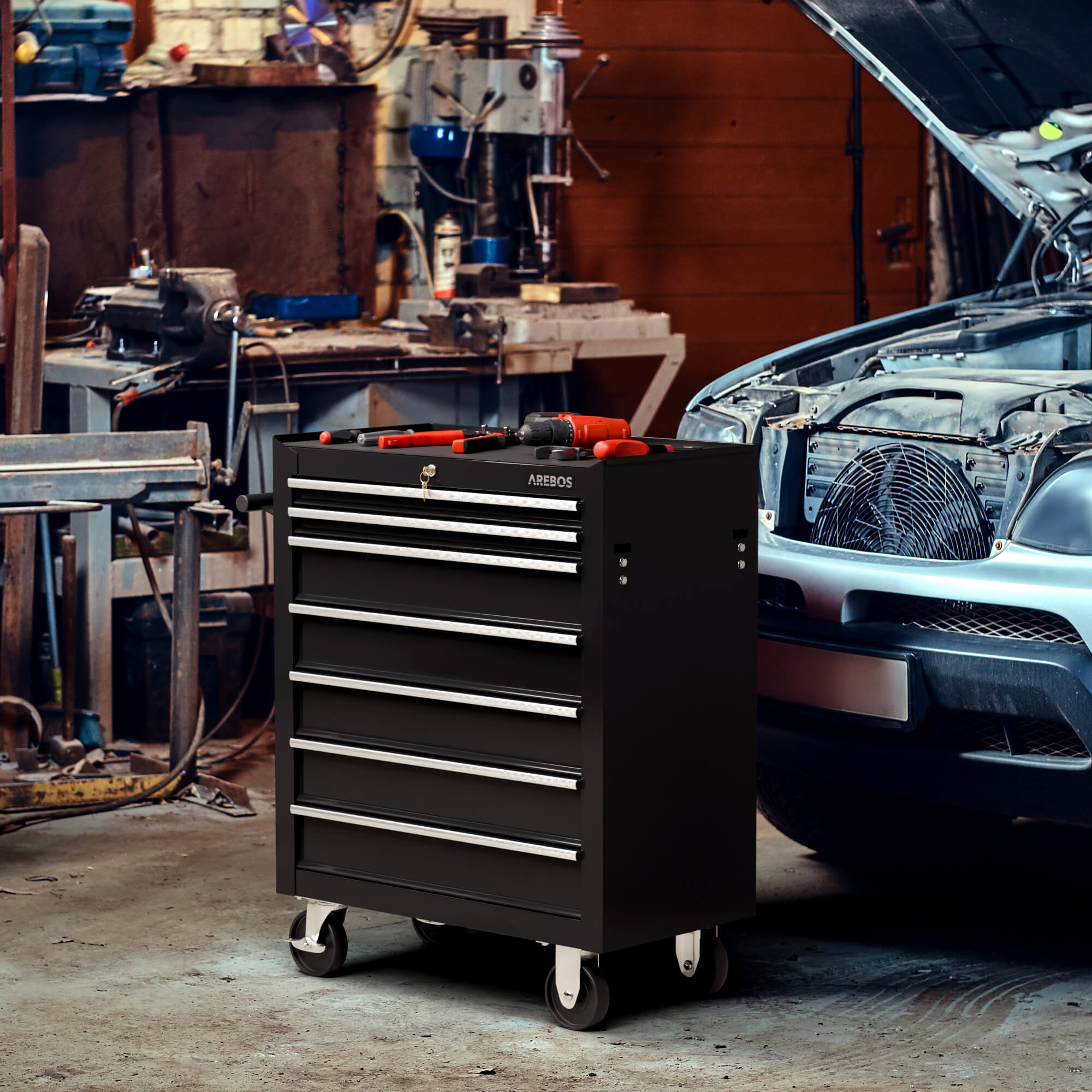 AREBOS Chariot à Outils 7 Tiroirs – Verrouillage Central, Acier Robuste, Tapis Antidérapants, Roues Pivotantes avec Freins - 8