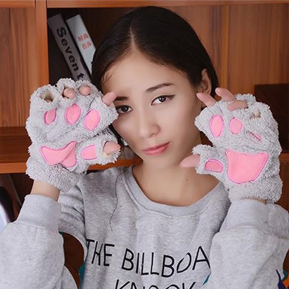 Guanti Senza Dita A Zampa Di Gatto In Peluche – 1 Paio, Grigio, Caldi E Morbidi, Perfetti Per Cosplay, Halloween E Accessori Moda Per Bambine E Ragazze