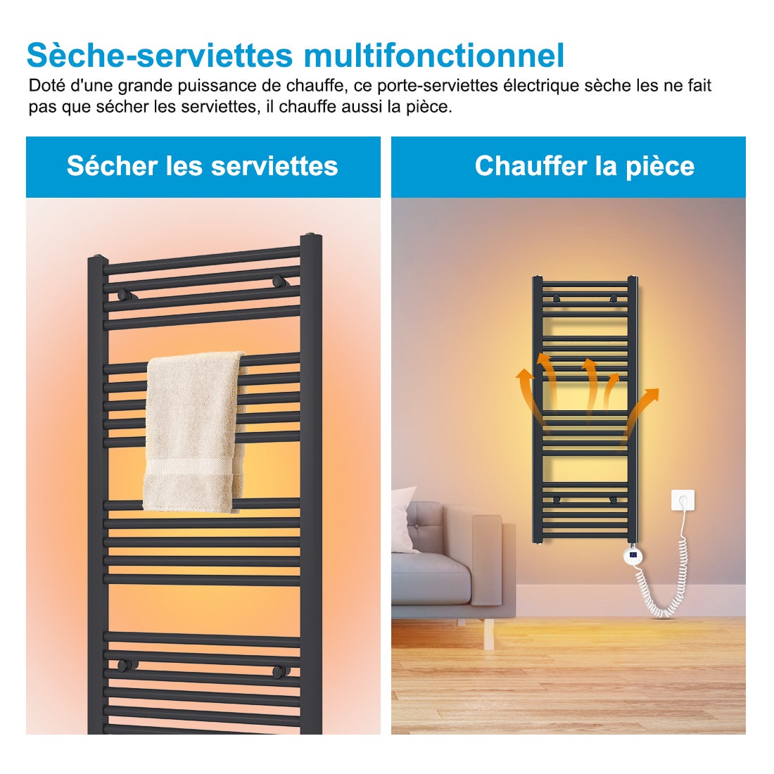 Heilmetz Sèche-Serviettes Electrique, Radiateur Sèche-Serviettes 70x40 cm Anthracite avec Timing Elément de Chauffage Electrique - 2