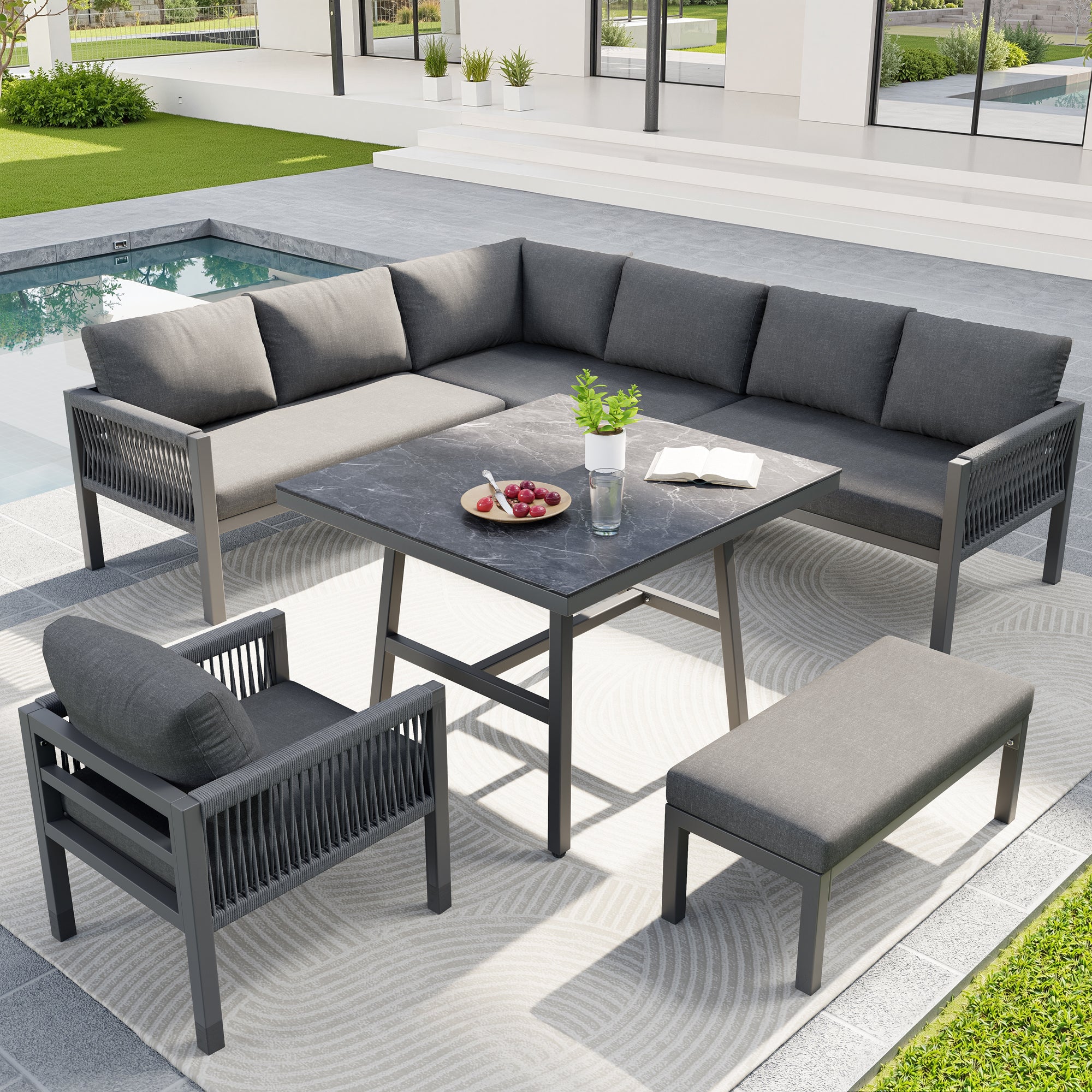 Sofa ogrodowa w kształcie litery L, do 8 osób, rama żelazna z powłoką, odporna na warunki atmosferyczne, szara - 2