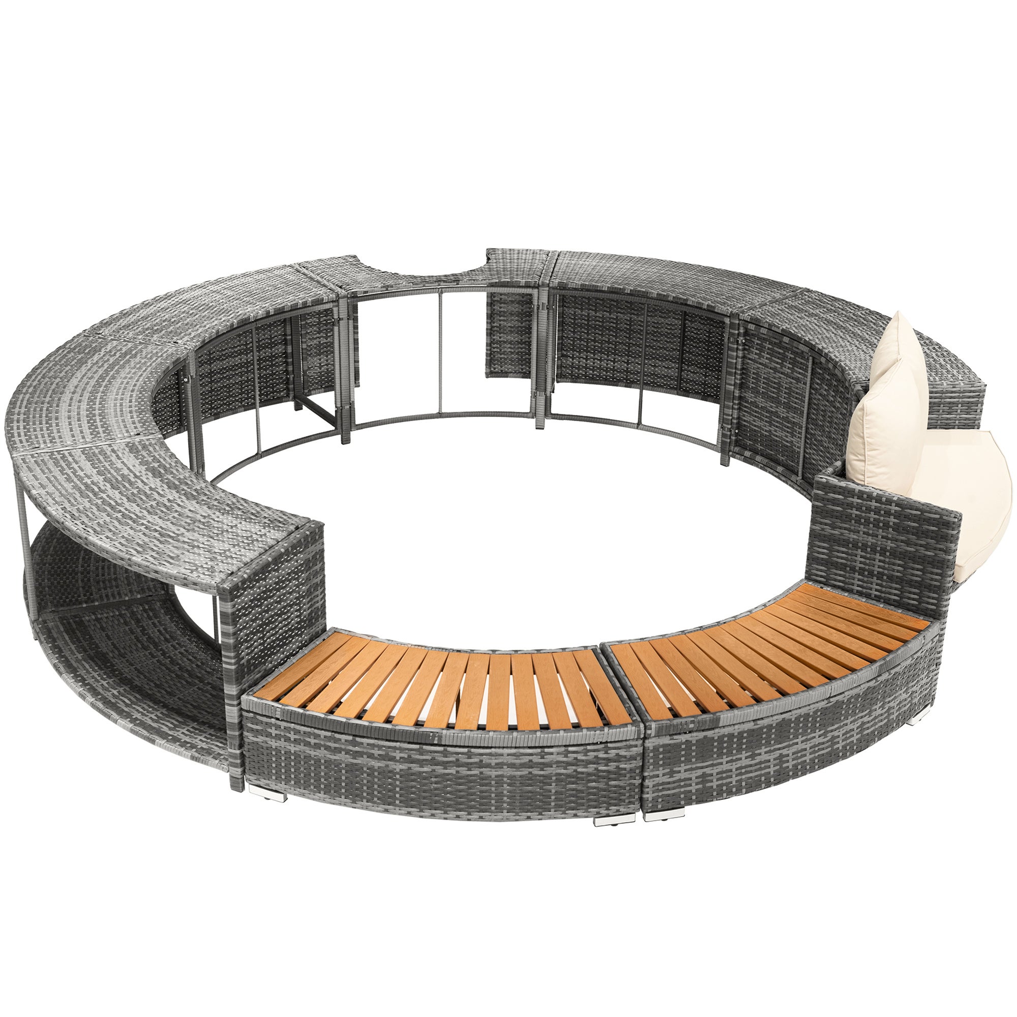 Spa, salon de jardin, rotin gris PE et bois d'acacia avec rangement, pieds réglables, coussins inclus - 6