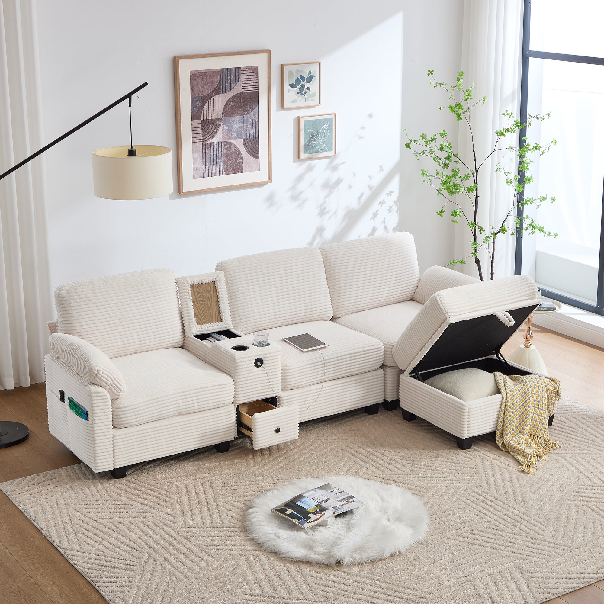 Fortuna Lai  Sofá Grande De Pana Viscoelástica, Consola+Usb-C+Almacenamiento+Otomana , Leroy Merlin