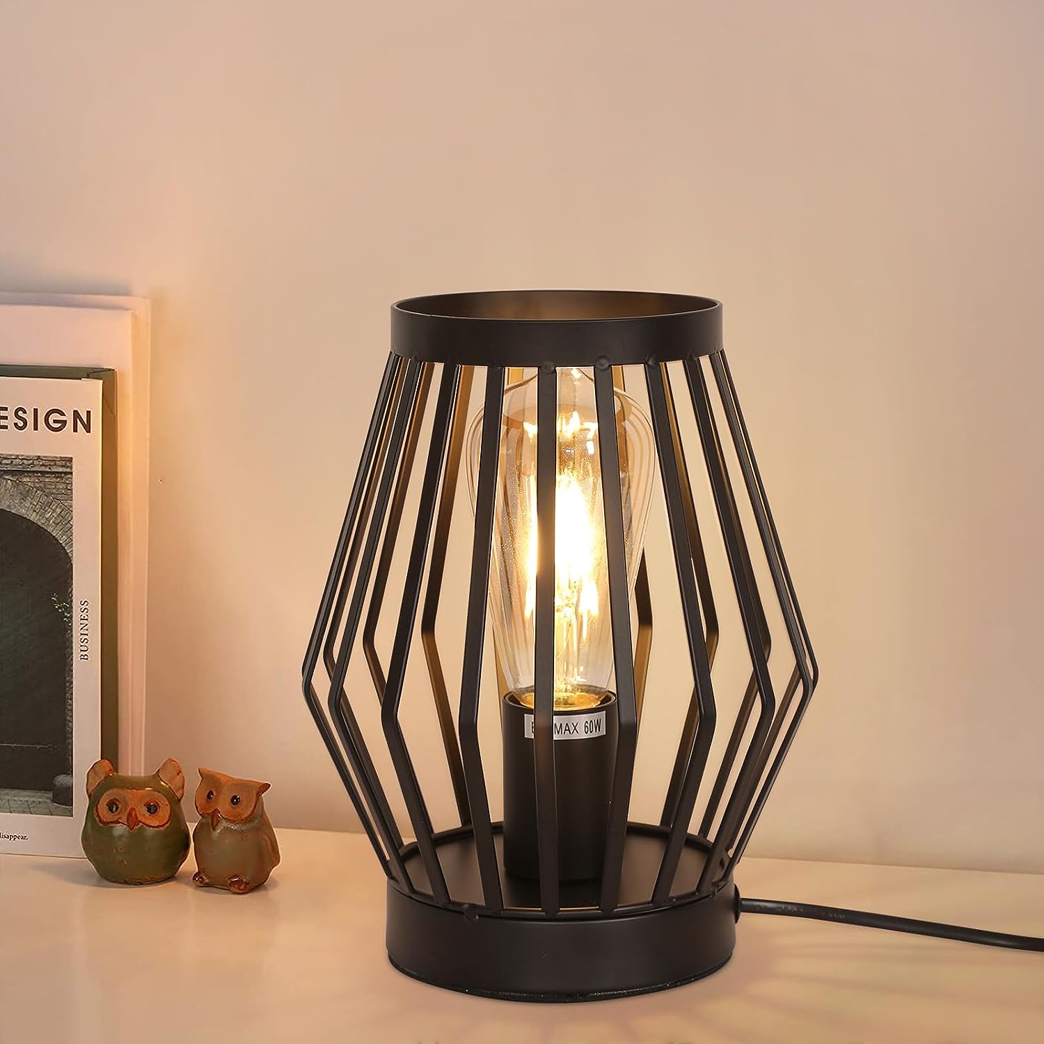 GOECO Lampa Stołowa Vintage, Klatka, Oświetlenie Ambiance, Podstawa E27, Idealna do Sypialni, Salonu, Biura, Kolor Czarny (Żarówka Nie Jest Dołączona)