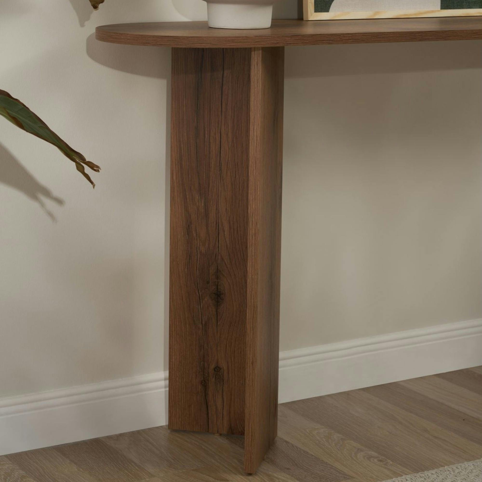 Console de salon ovale effet noyer clair - pieds en V MARFA - 6