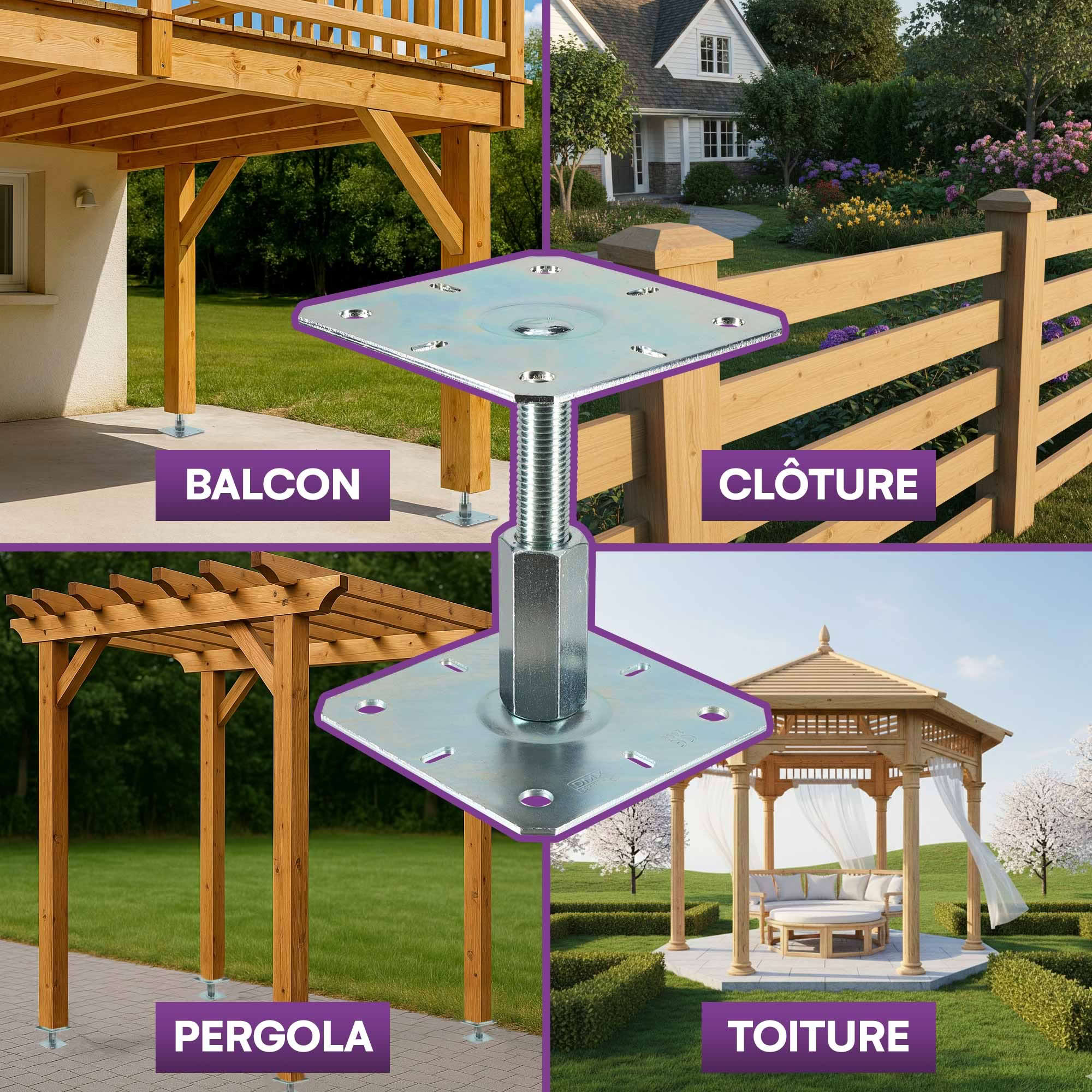 Embase pied de poteau carrée réglable - Platine 100x100 mm - Ht 100 à 150 mm - Acier galvanisé à chaud M20 - Fabrication Europe - 5