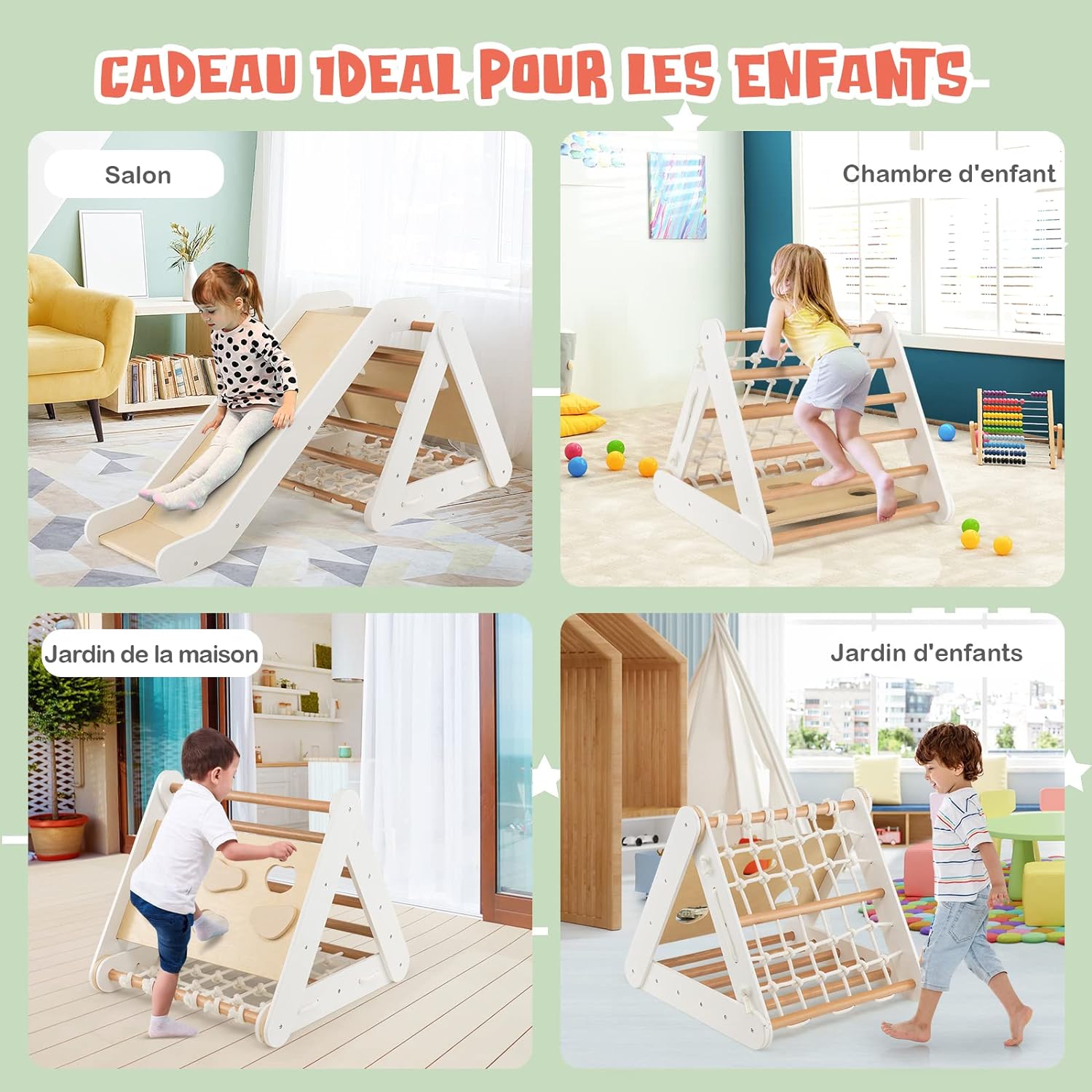 2 en 1 Triangle d'escalade Montessori Enfant avec Toboggan, Echelle d’Escalade en Bois Hauteur Réglable, Charge 50kg pour Enfants, Blanc - 4