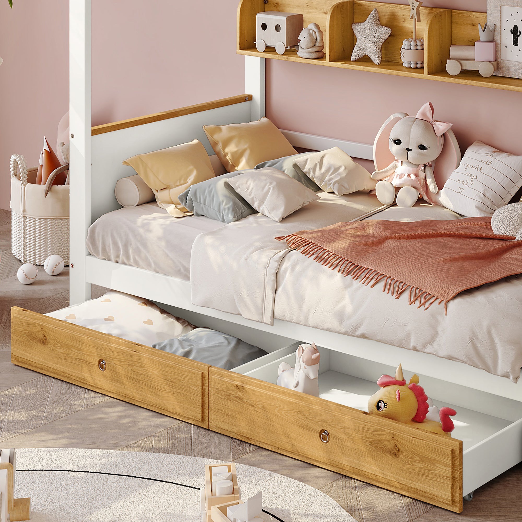 Lit Superposé Enfant 90X200 cm avec Escalier Rangements, Lit D'enfant avec garde-corps, 2 Tiroirs + ÉtagèRes Ouvertes - Pin + MDF- Blanc + Naturel - 5