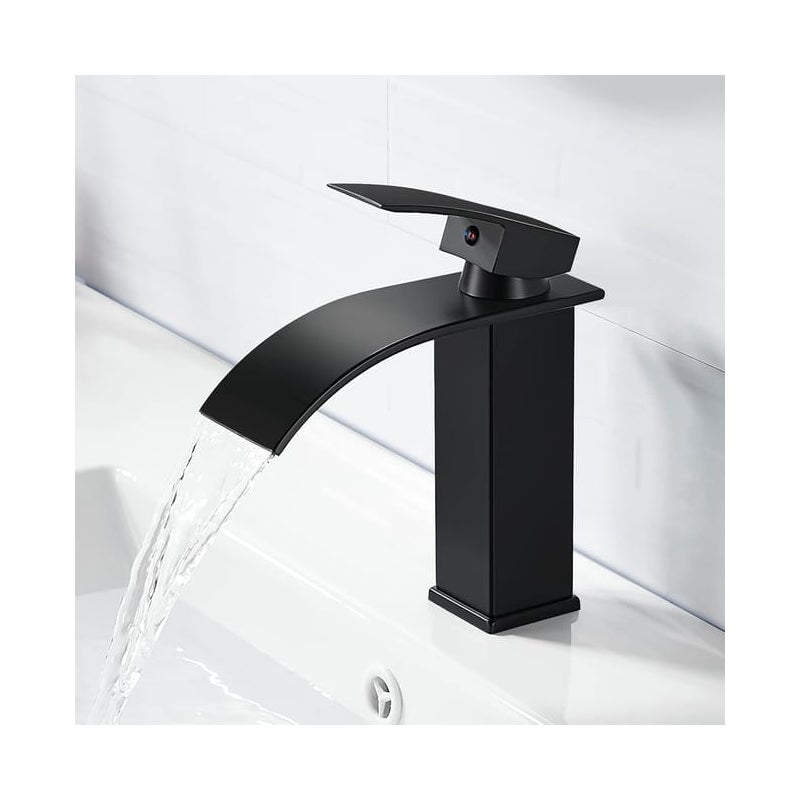 Czarny stalowy kran łazienkowy typu wodospad, dwukierunkowa bateria umywalkowa z jednym otworem (płaska czarna wylewka typu wodospad, w zestawie elas