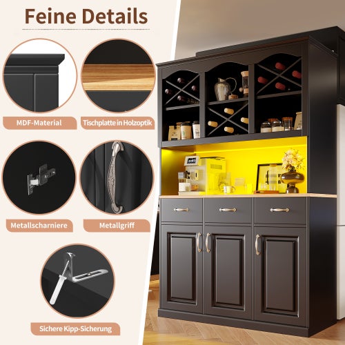 Meuble de cuisine LED 120x40x180 cm, buffet de rangement avec trois portes, 3 tiroirs et 3 porte, pour salon/cuisine, noir - 9