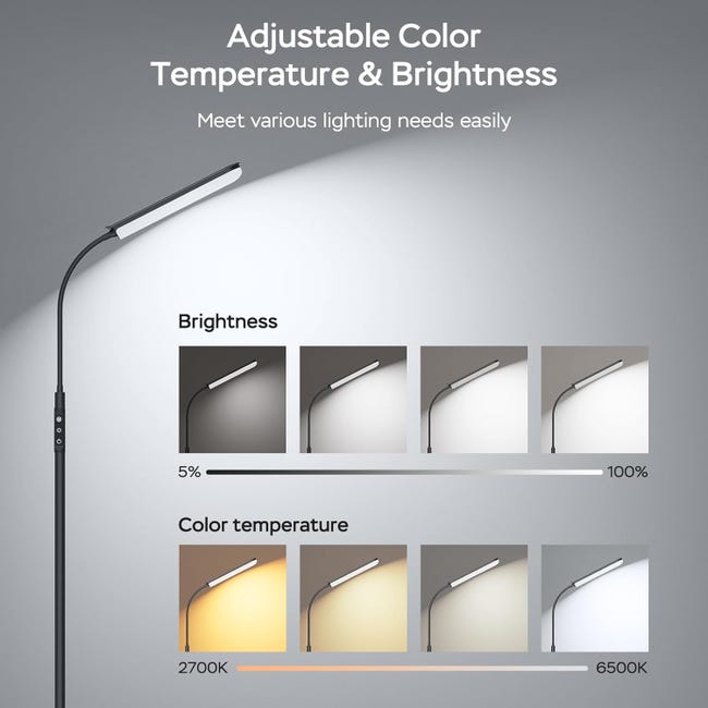 Lampada Da Terra LED 1.6M Dimmerabile - 10W, 4 Temperature Colore, Telecomando, Collo Regolabile, Nero - Foto 3