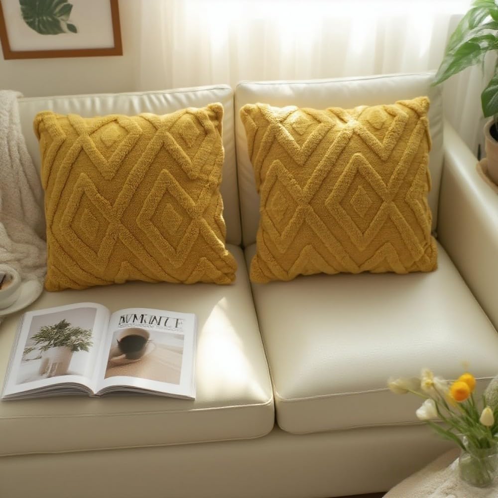 Housse de coussin jaune - motif à carreaux doux, style bohème - convient pour le salon, la chambre, etc. - Lot de 2, 50×50 cm - 5