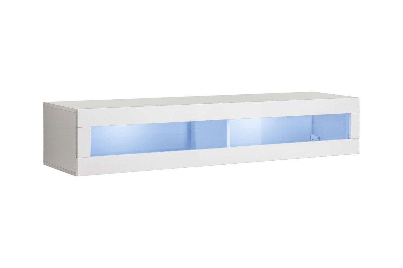Meuble TV Suspendu Laqué Blanc 270 Cm - 3 Modules - Design Push-to-Open Sans Poignée - Pour TV Jusqu'à 85 Pouces