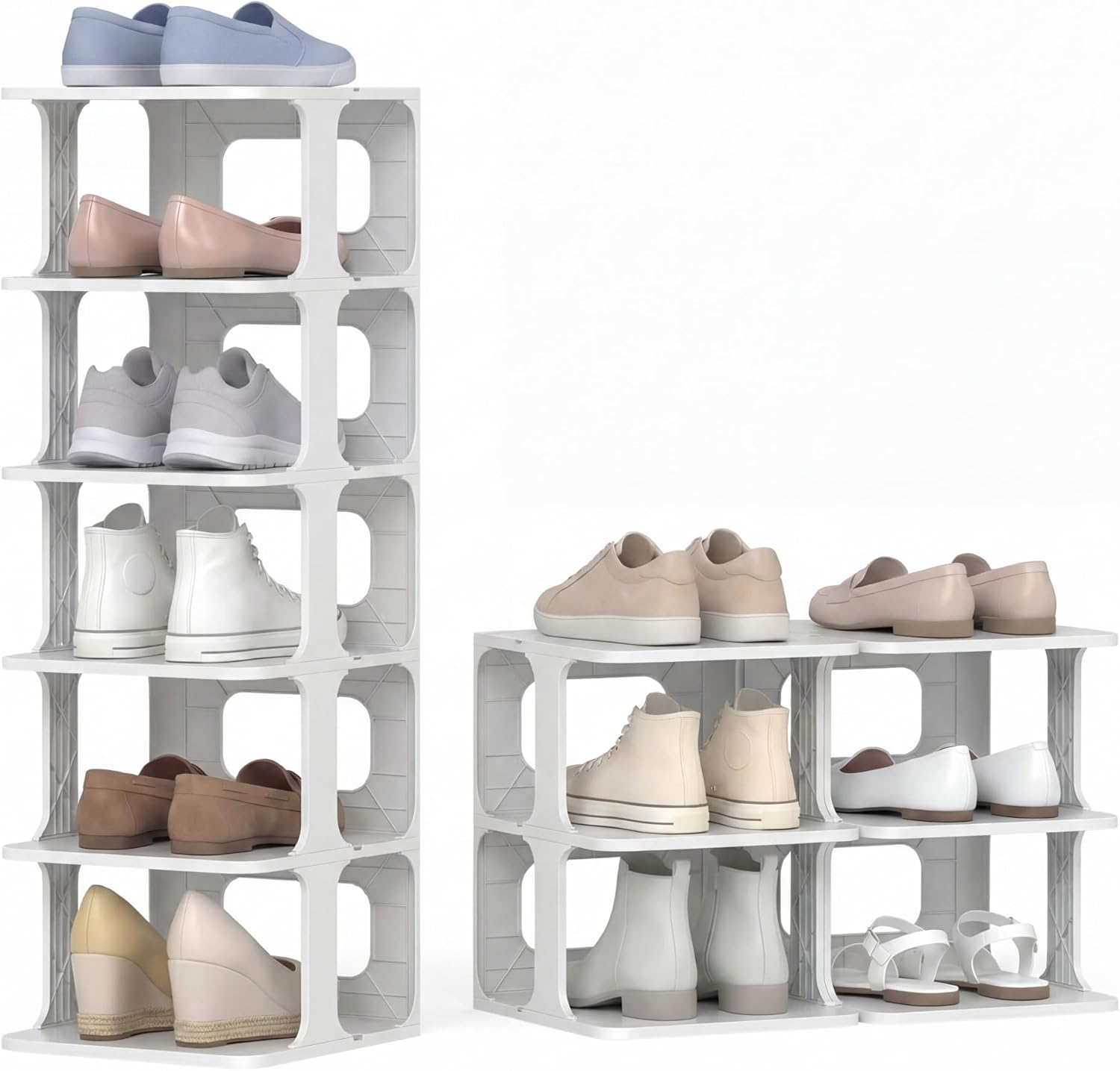 Set de 6 cutii de pantofi stivuibile, suport modular pentru depozitarea pantofilor, design vertical compact, asamblare rapidă fără unelte (alb) 6buc