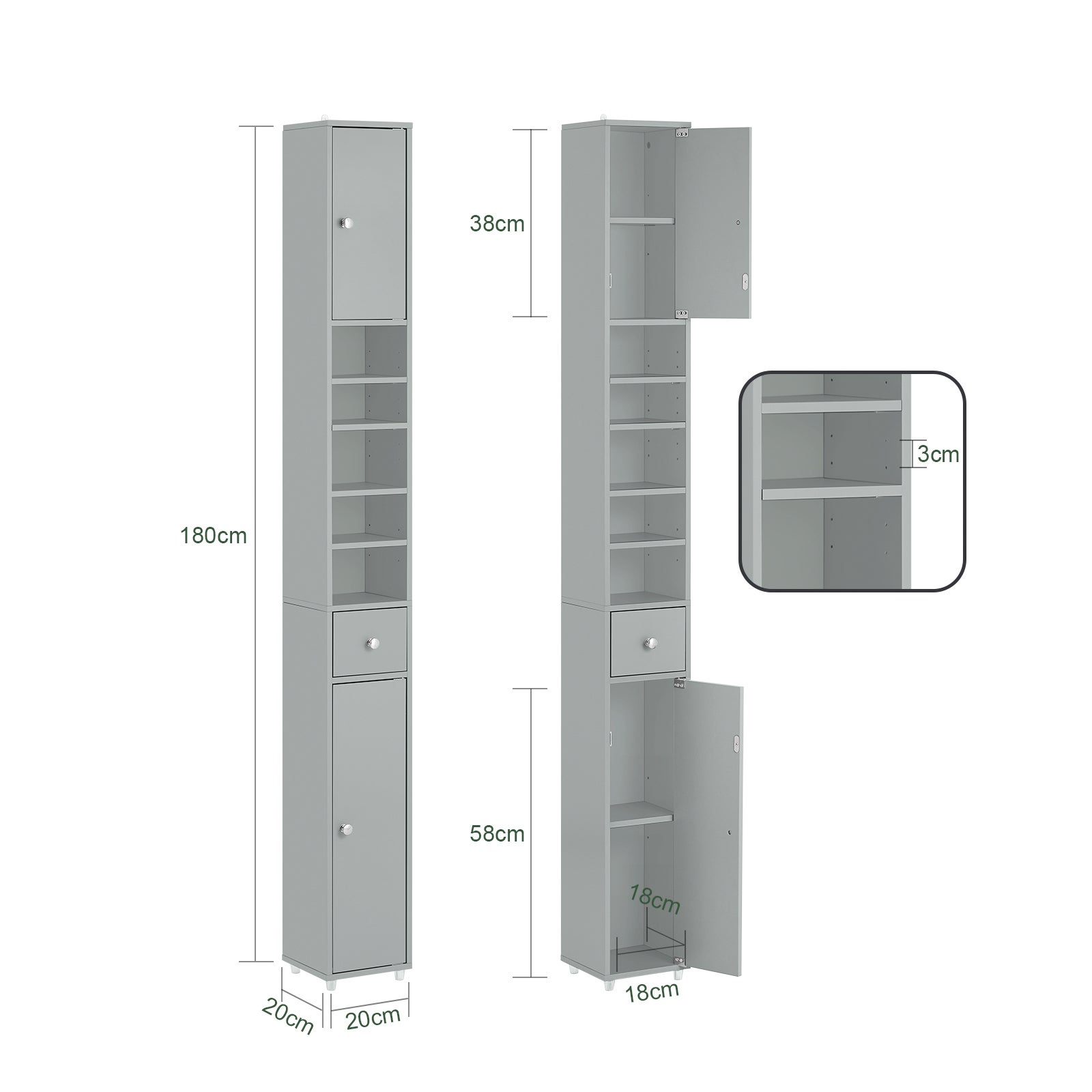 Armadio Colonna bagno, Mobile bagno alto con 2 Ante e 1 cassetto altezza: 180 cm SoBuy Grigio BZR34-HG - 3