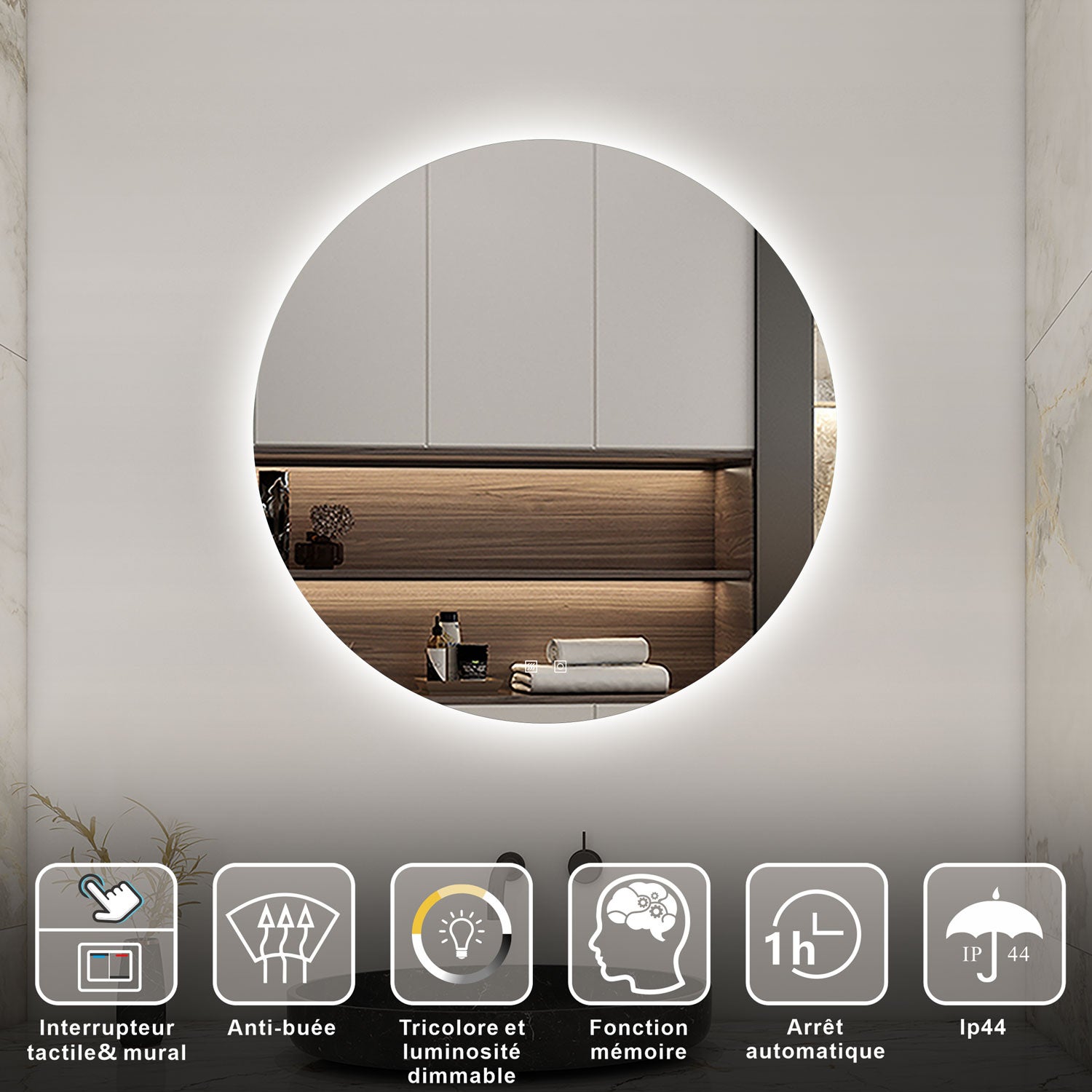 AICA Miroir lumineux rond 60 x 60cm, 3 couleurs + dimmable + anti-buée + mémoire, miroir salle de bain led - 2